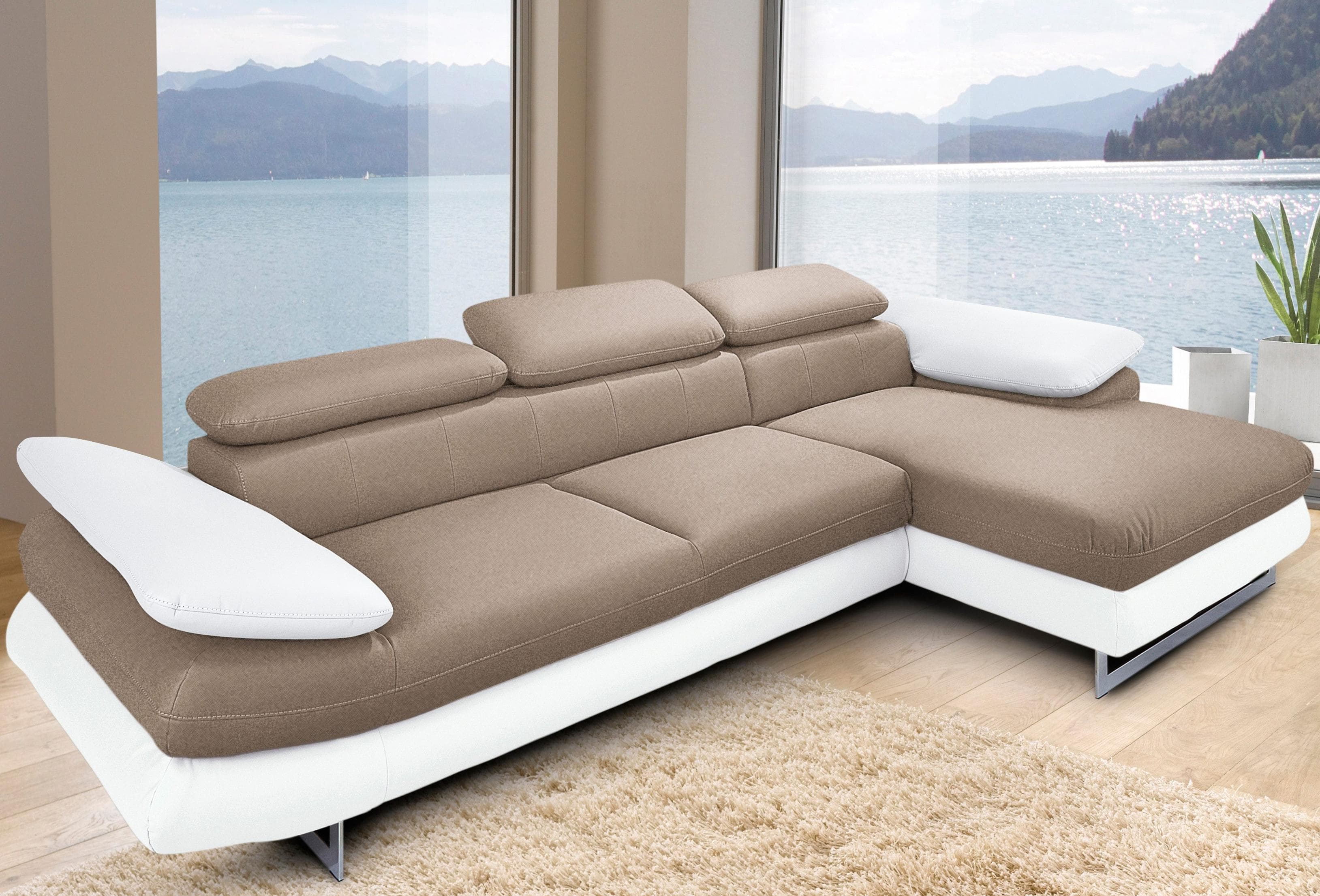 COTTA Ecksofa Solution L-Form Weiß/Schlamm mit Bettfunktion