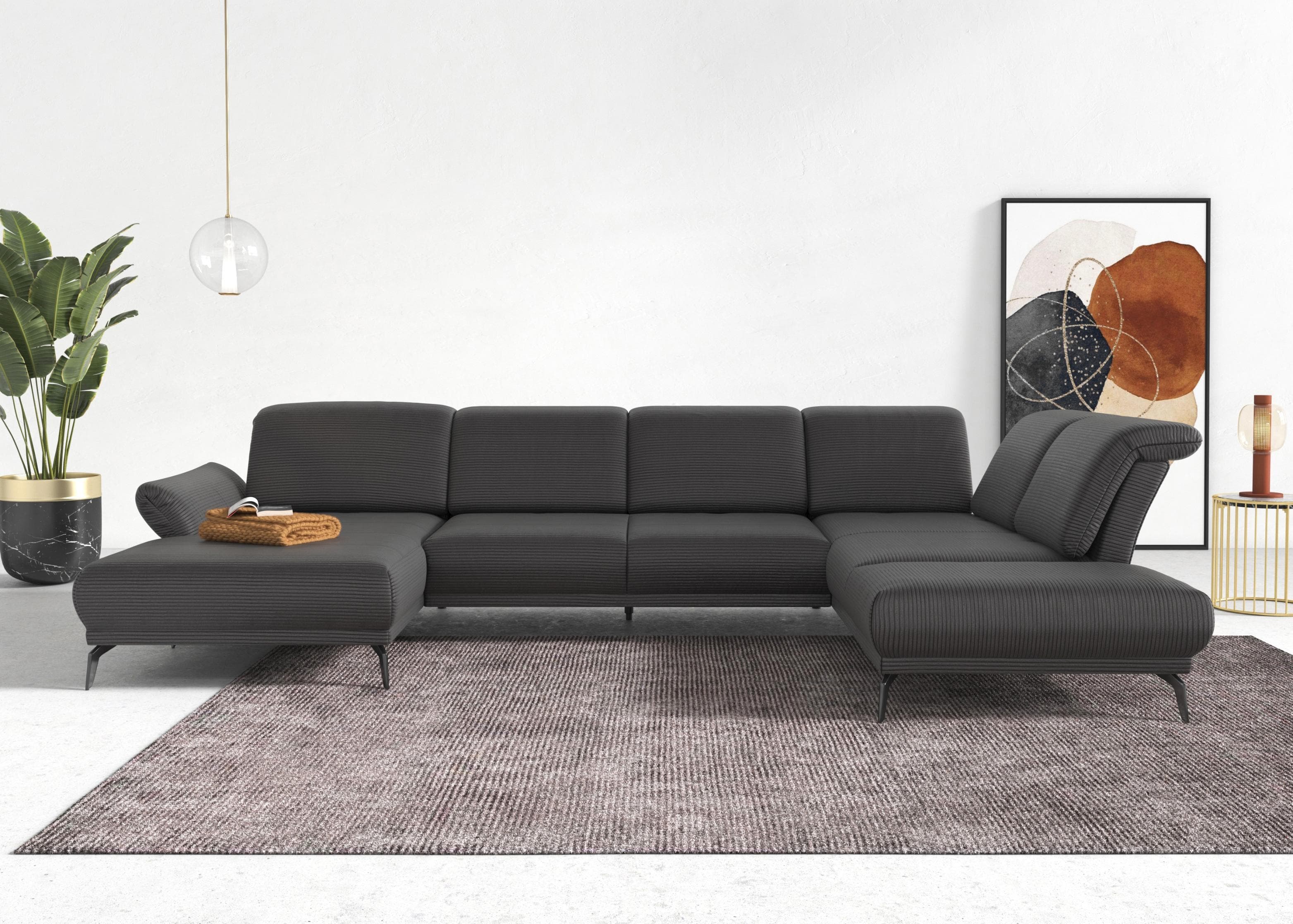 U-förmige Wohnlandschaft mit Verstellfunktionen und Cordbezug