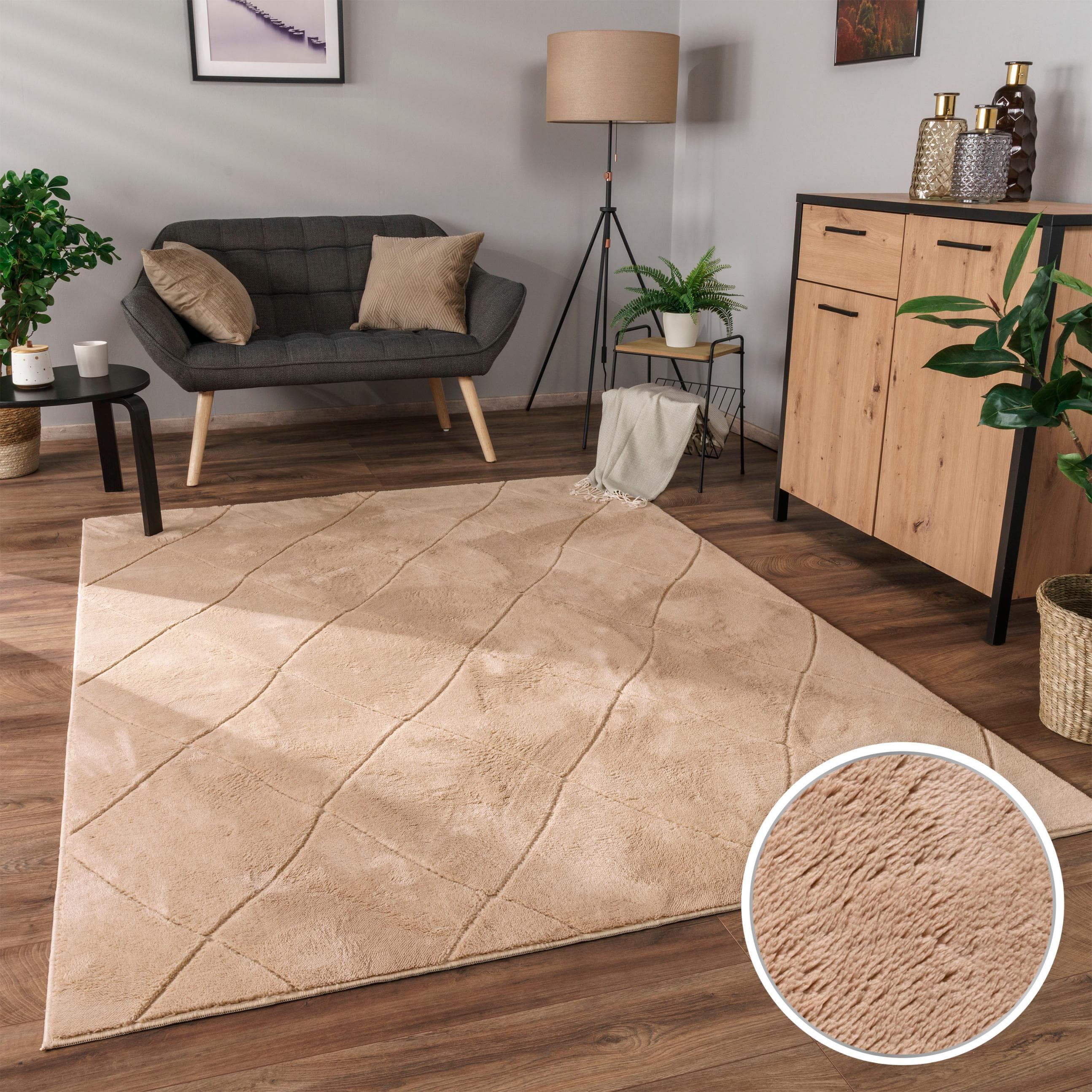 PACO HOME Teppich Utrecht 641 Beige Kurzflor Rautenmuster 3D-Design