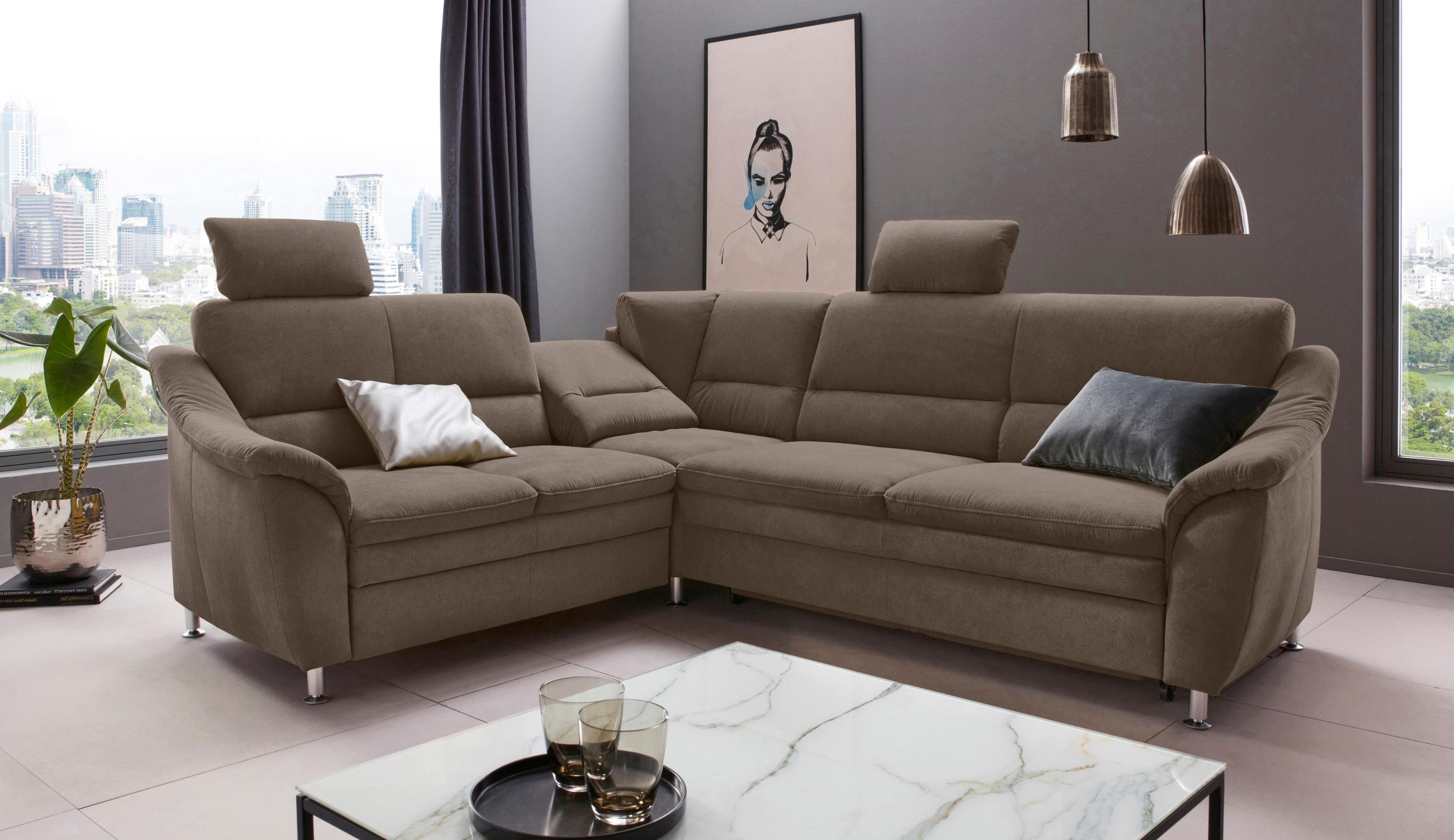 HOME AFFAIRE Cardoso Ecksofa L-Form Braun Microfaser mit Bettfunktion