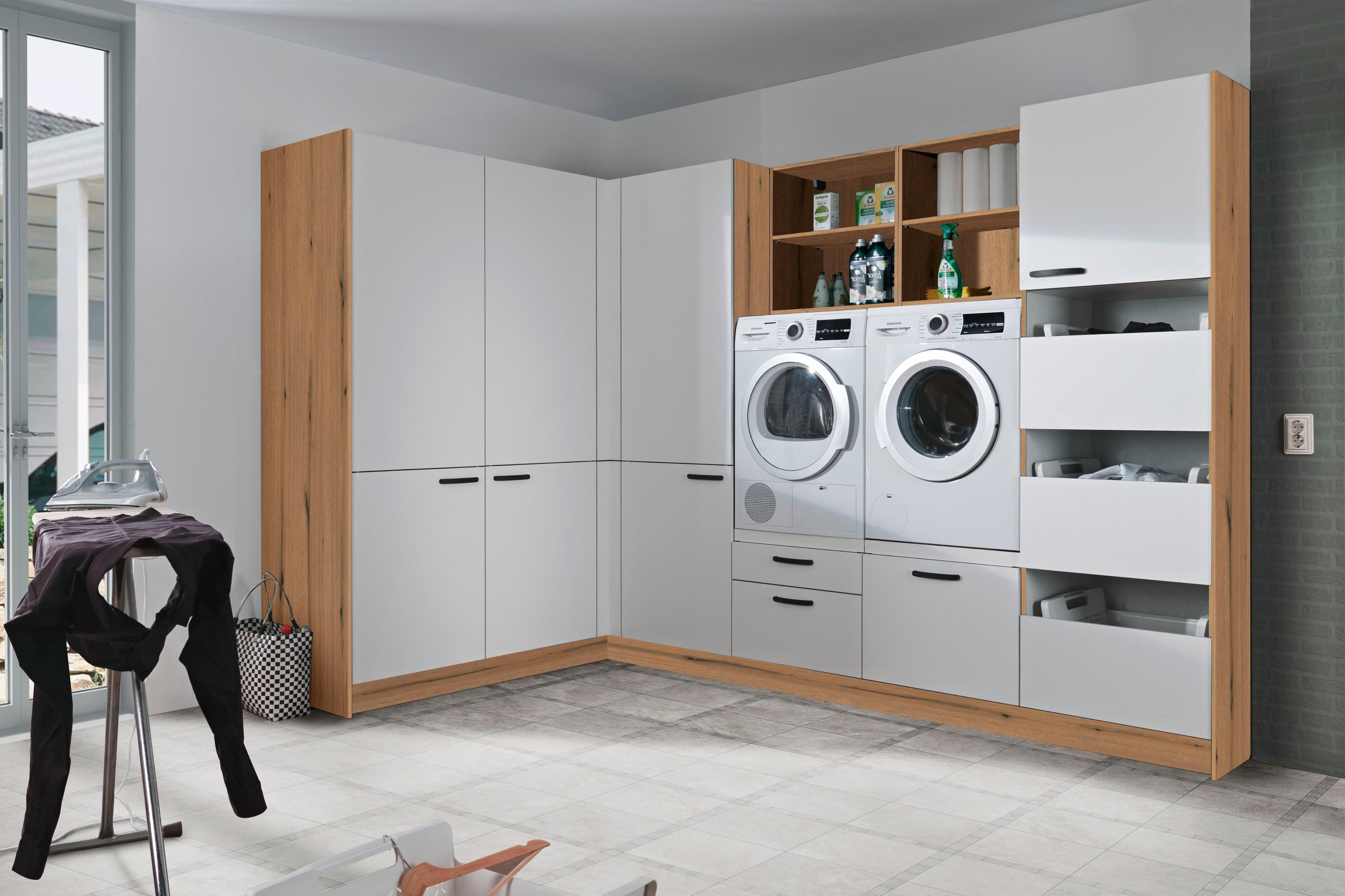 Schrank-Set EXPRESS KÜCHEN Arta Weiß/Eichefarben Astig Mehrzweckschrank