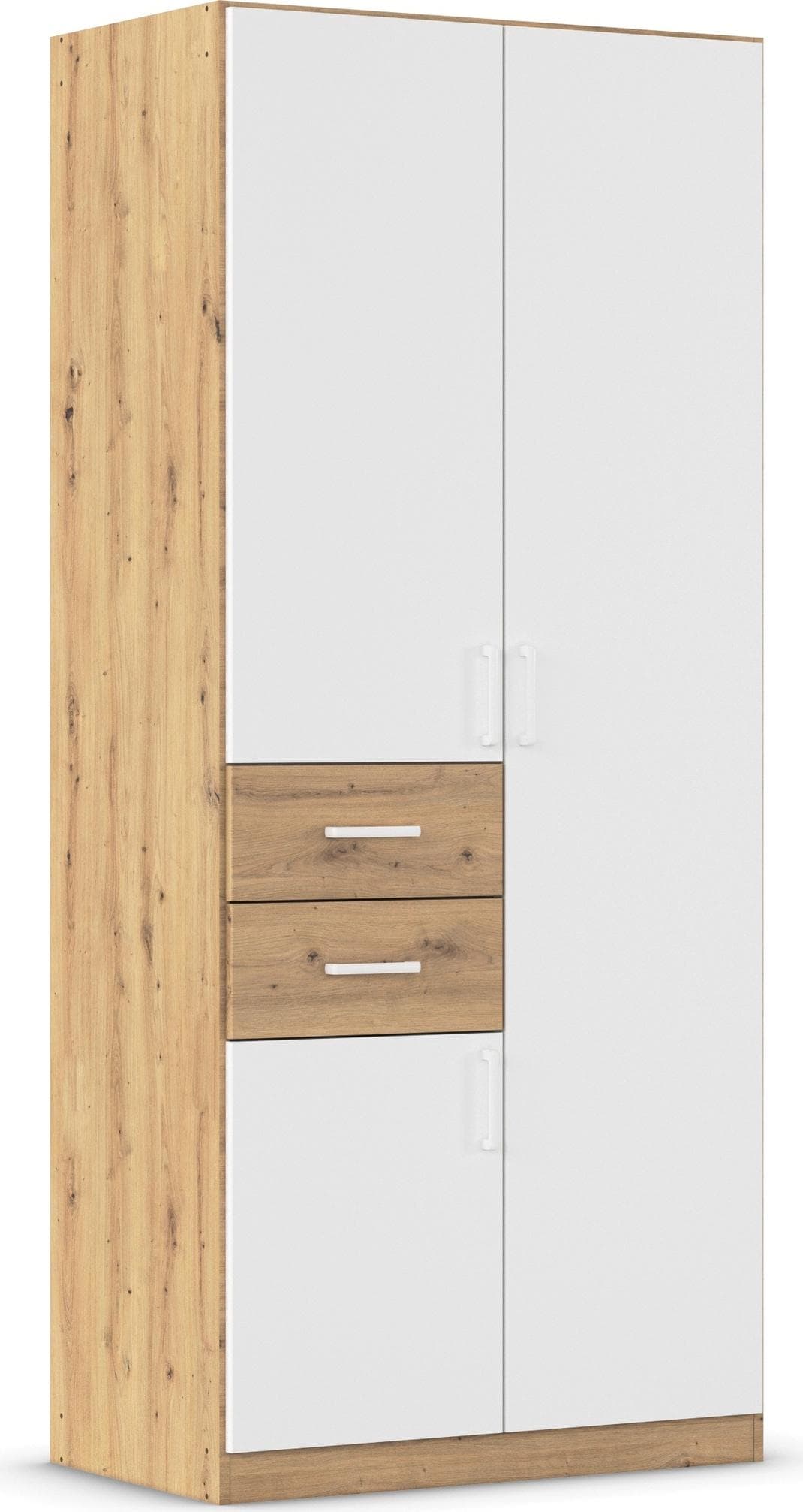 Drehtürenschrank Kleiderschrank mit 2 Schubladen und Dekor-Front