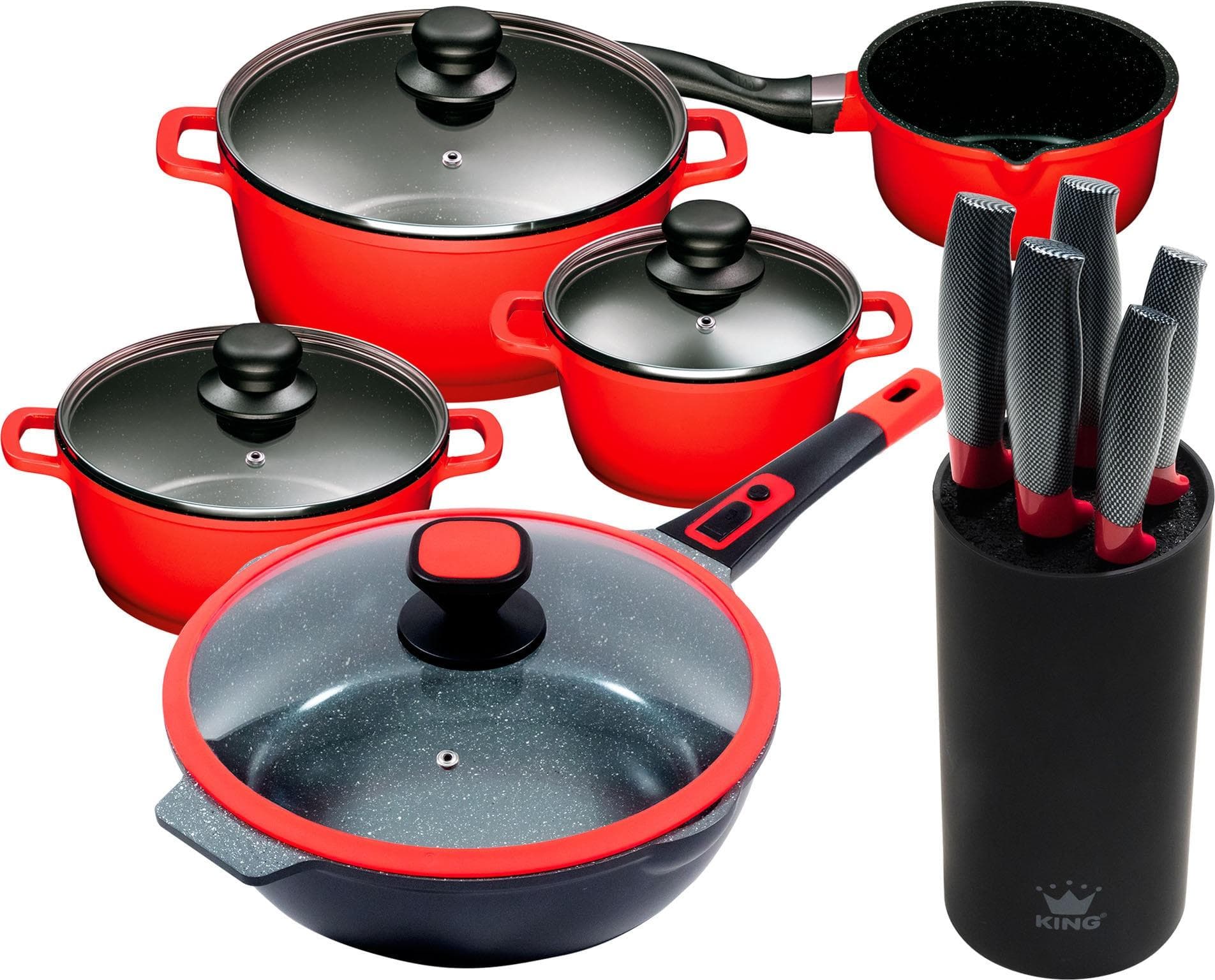 KING Topf-Set Click-Grip Rot Induktion Aluguss 4-teilig