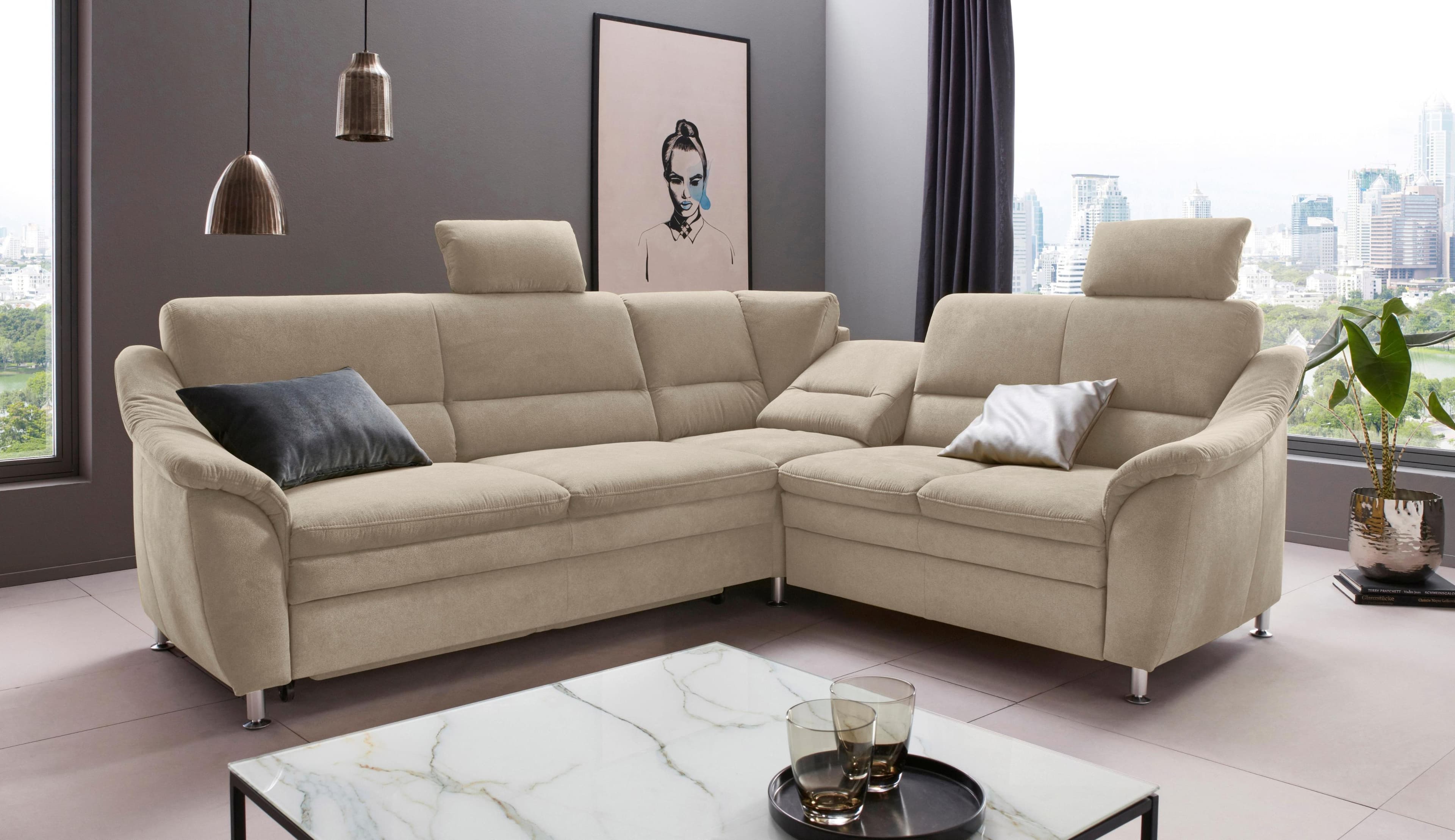 HOME AFFAIRE Ecksofa Cardoso L-Form Beige Microfaser mit Bettkasten