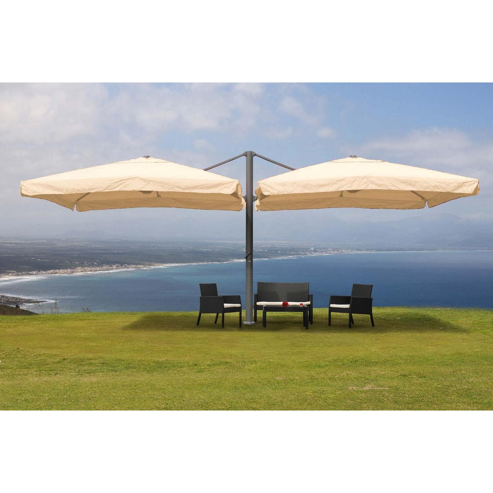 Gastronomie-Alu-Luxus-Doppel-Ampelschirm T44, Pergola-Markise-Effekt, 6,2x3m Polyester 50kg Creme-Beige