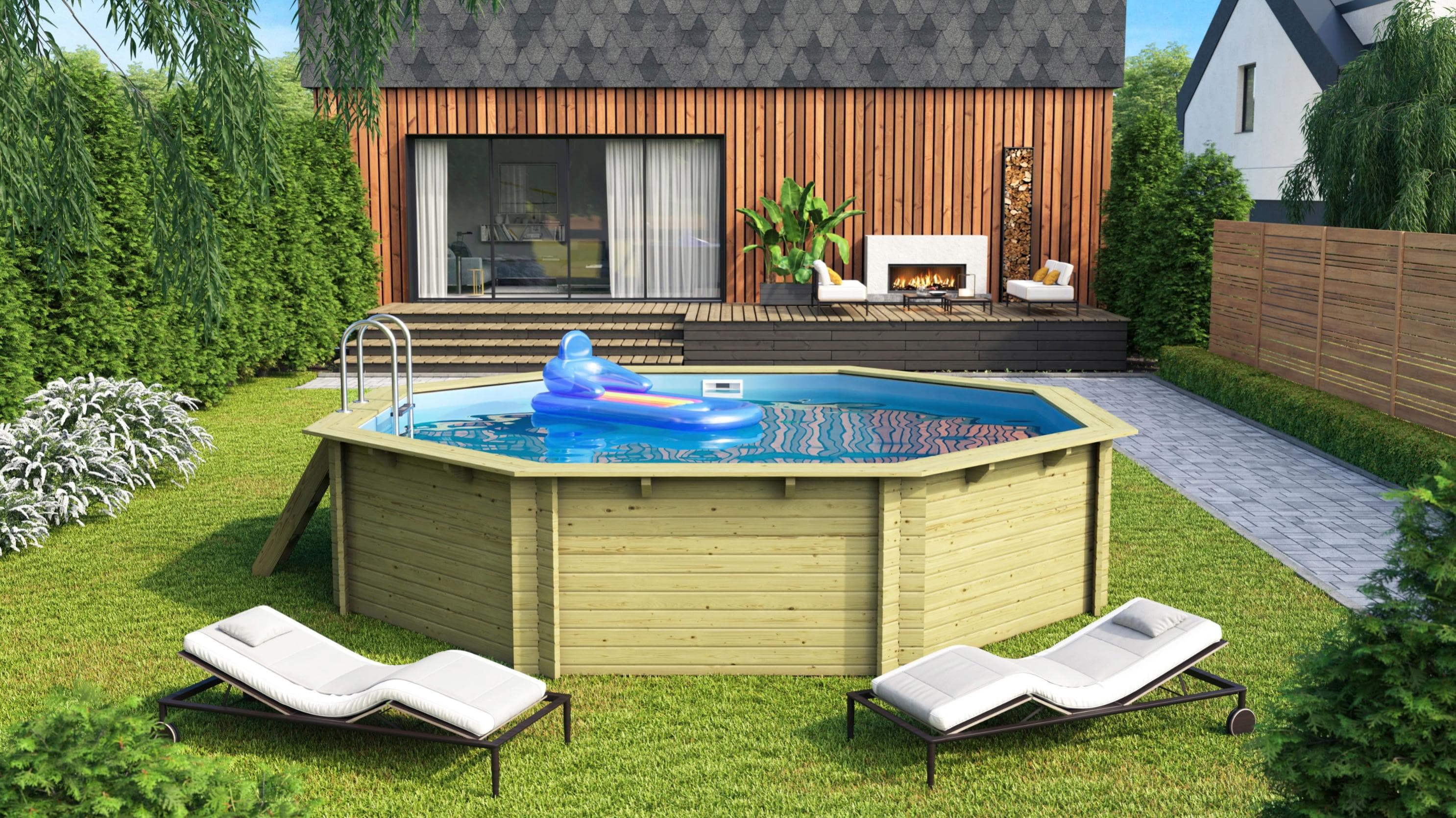 Achteckiges Schwimmbecken aus Fichtenholz, PVC und Edelstahl