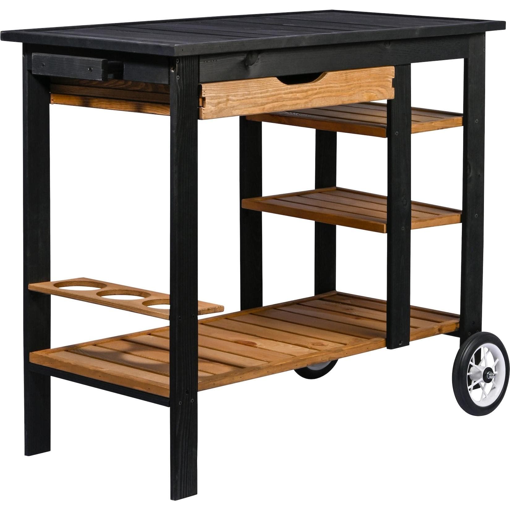 Dobar BBQ-Trolley Edelschwarz Massivholz Grillwagen mit Schublade