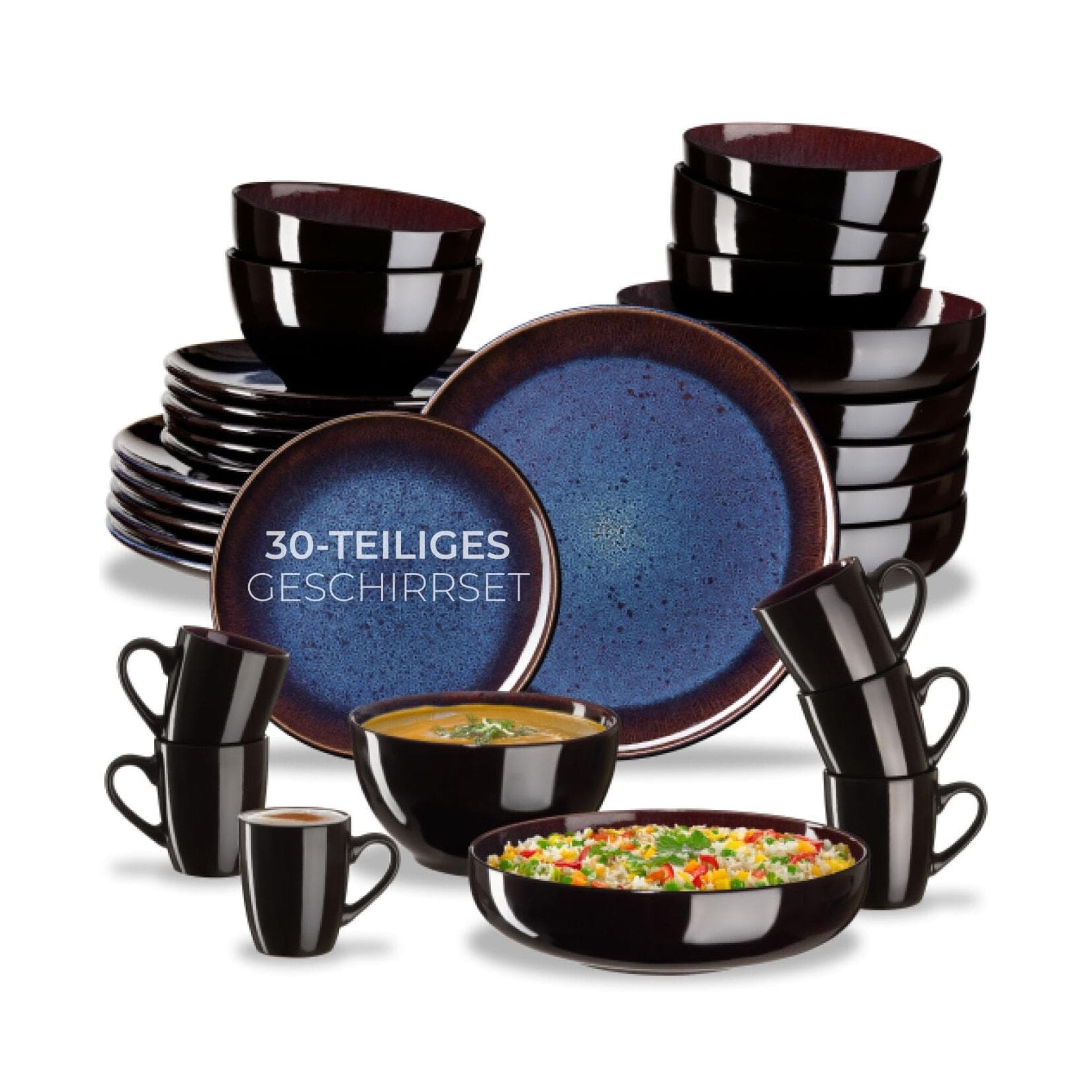 TecTake Kombiservice 30-tlg. Abyss Blue Steingut mit Glasur