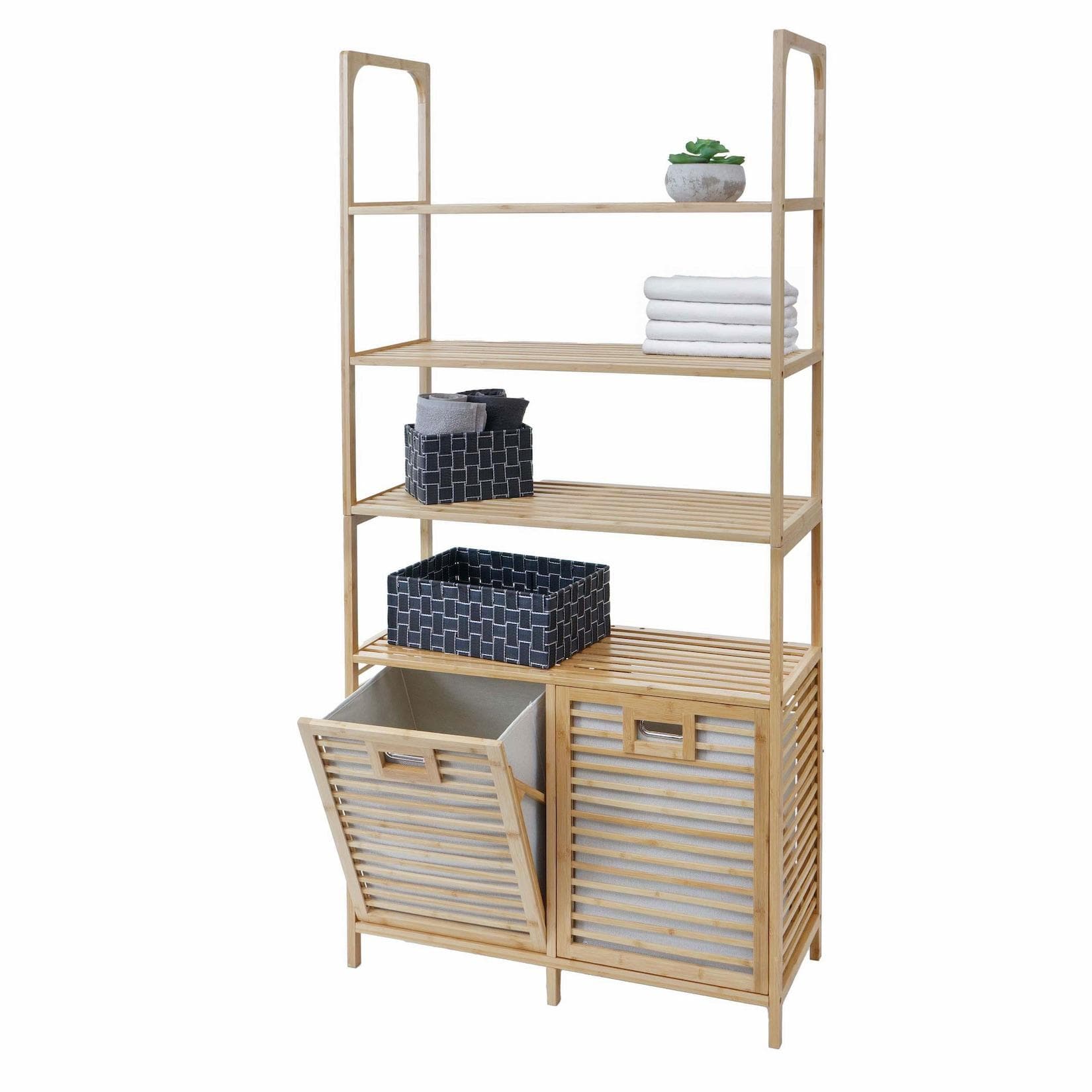 MCW Bambus Badezimmerschrank N83 mit Regalböden & Wäschekörben