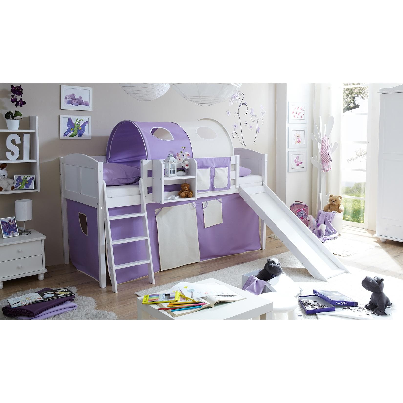 TiCAA Hochbett mit Rutsche "Ekki" Country Kiefer Weiß Classic