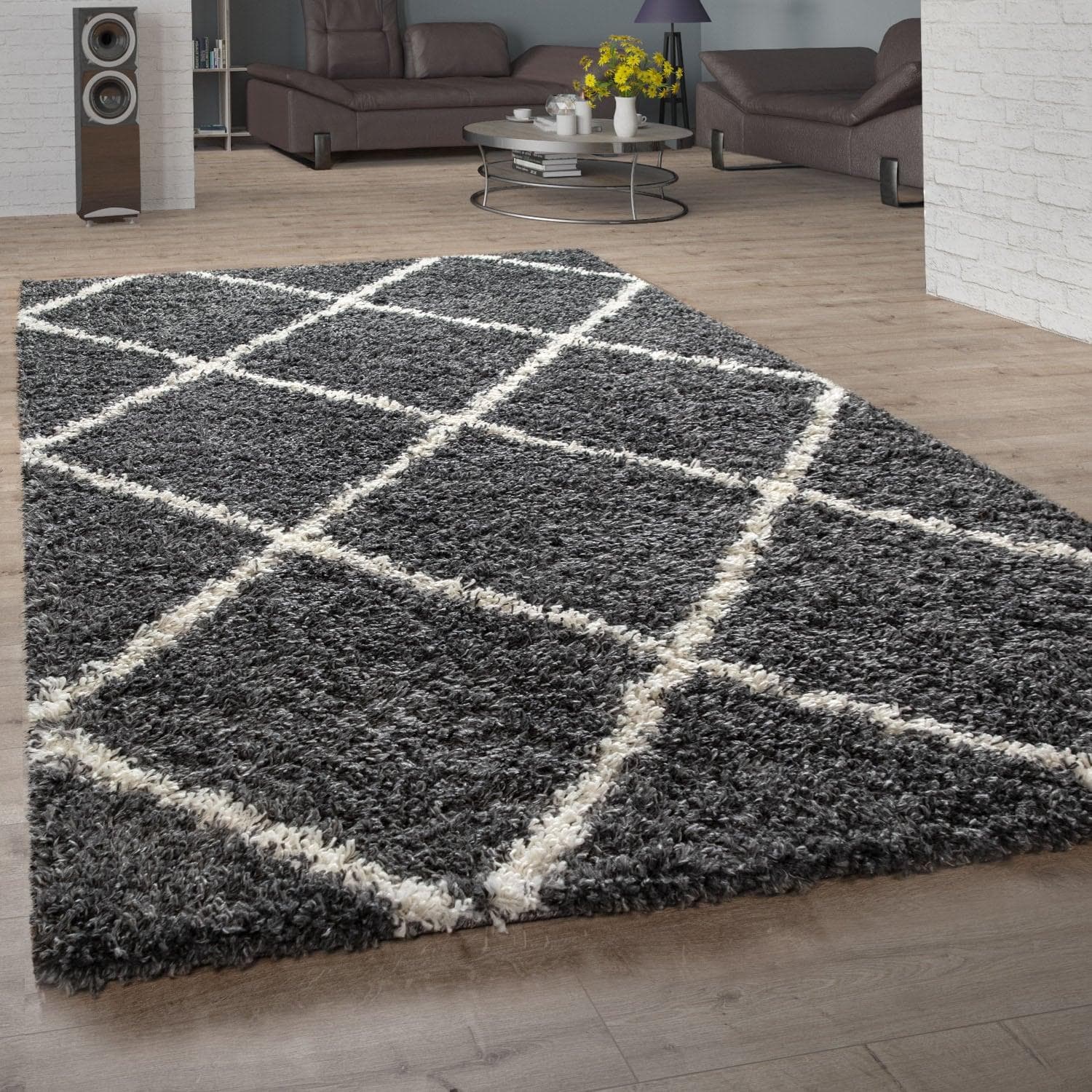 Paco Home Hochflor-Teppich Kalmar 441 - Scandi Design, Rauten Muster