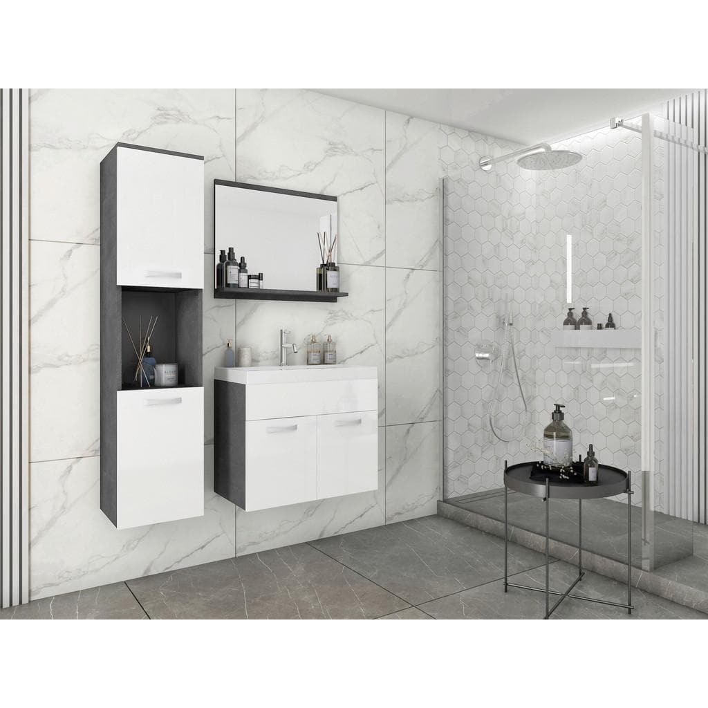 P & B Badezimmer-Set Anthrazit Weiß Hochglanz Metall 4-teilig 2 Fächer 5 Schubladen 90 cm FSC hängend Spiegel mit Ablage