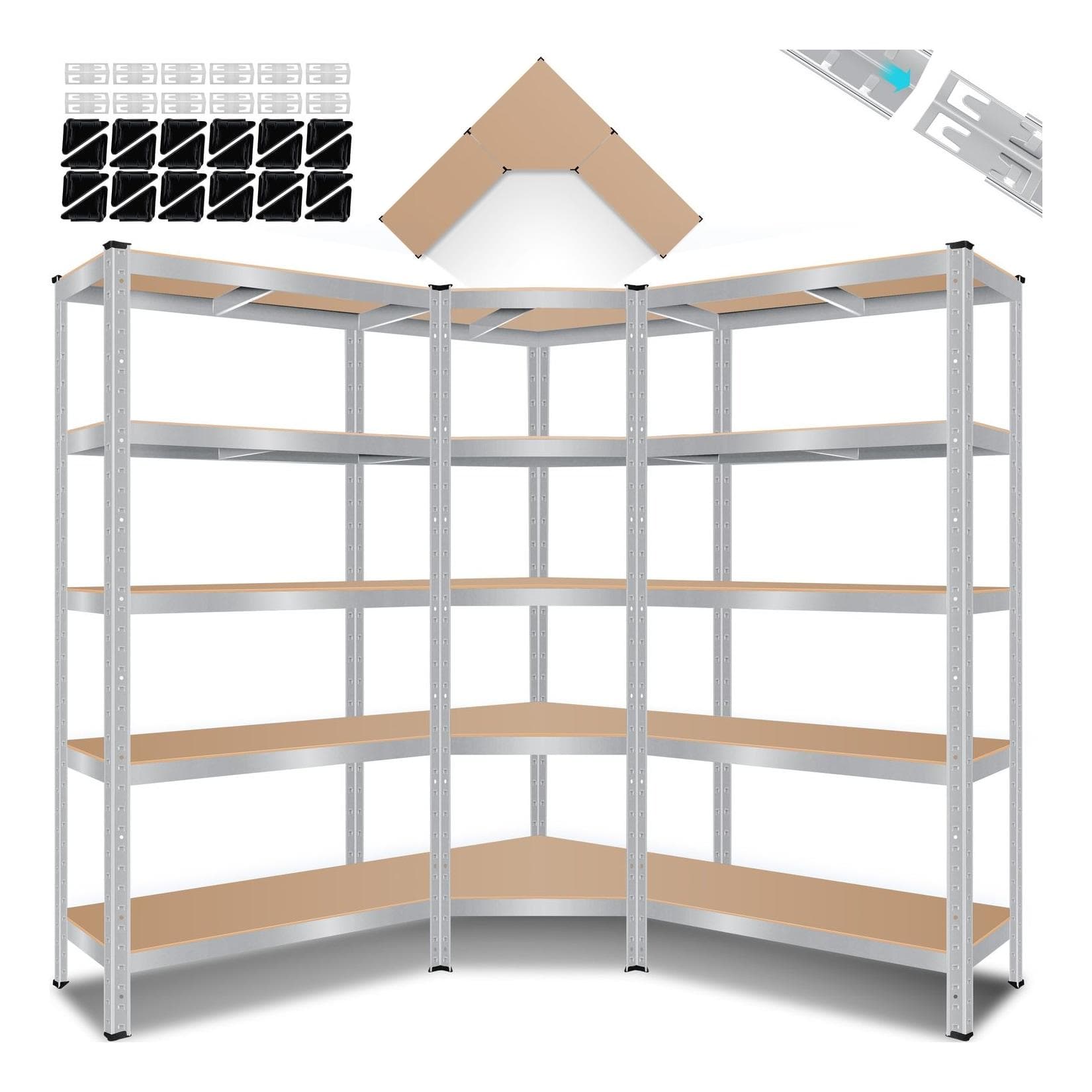 MASKO 3er Set Metall Regalsystem Lagerregal 1 Eckregal & 2 Lagerregale 15 Böden MDF-Platten