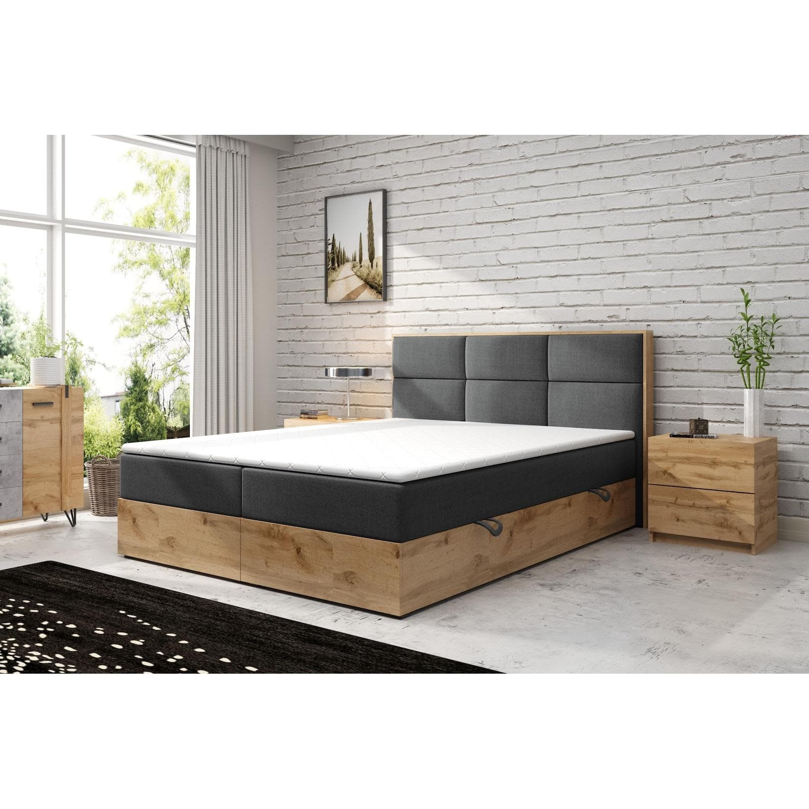 M-Punkt Boxspringbett STOCKHOLM Eiche Holz Grau mit Bettkasten
