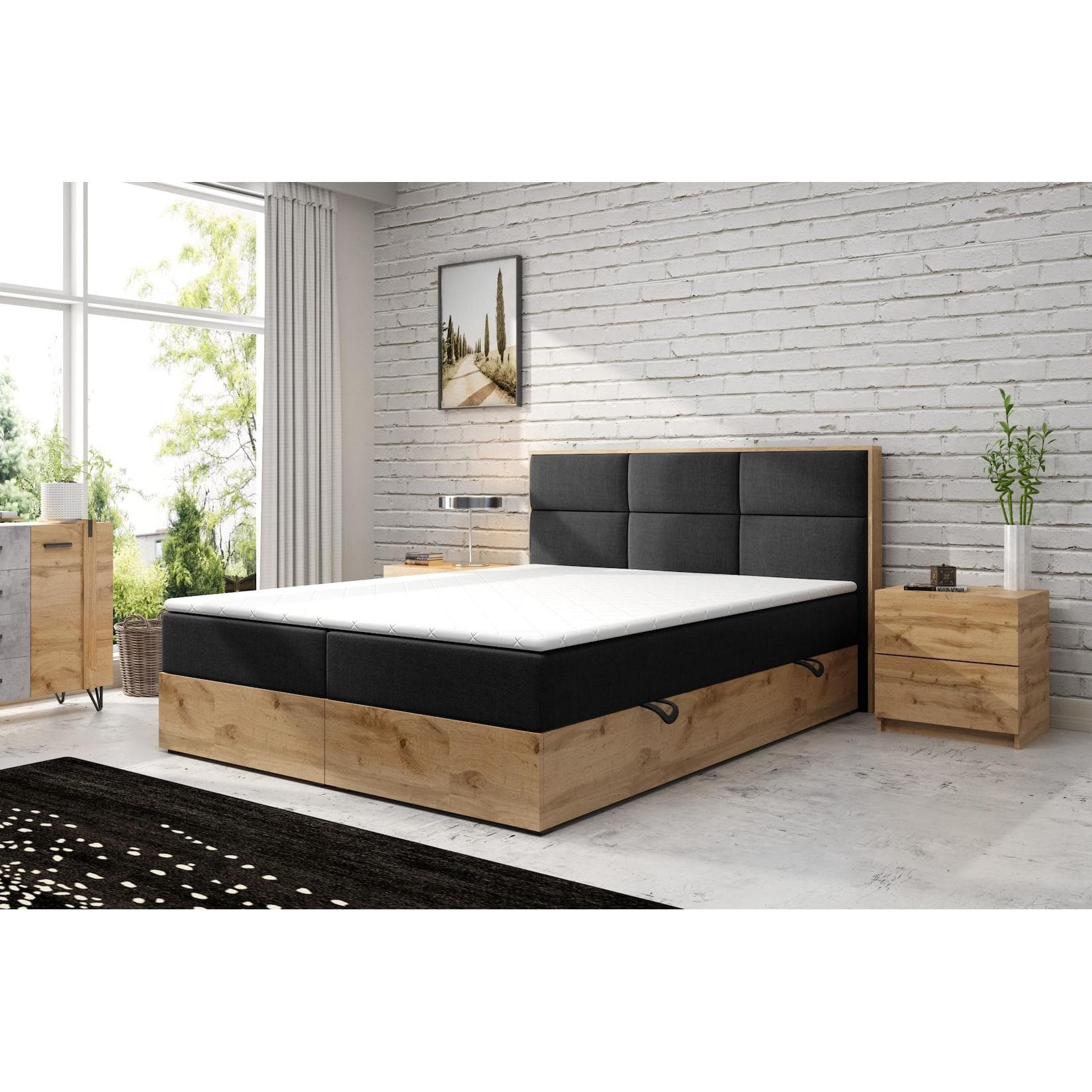 Boxspringbett Anthrazit Schwarz mit Bettkasten und Topper (Eiche)