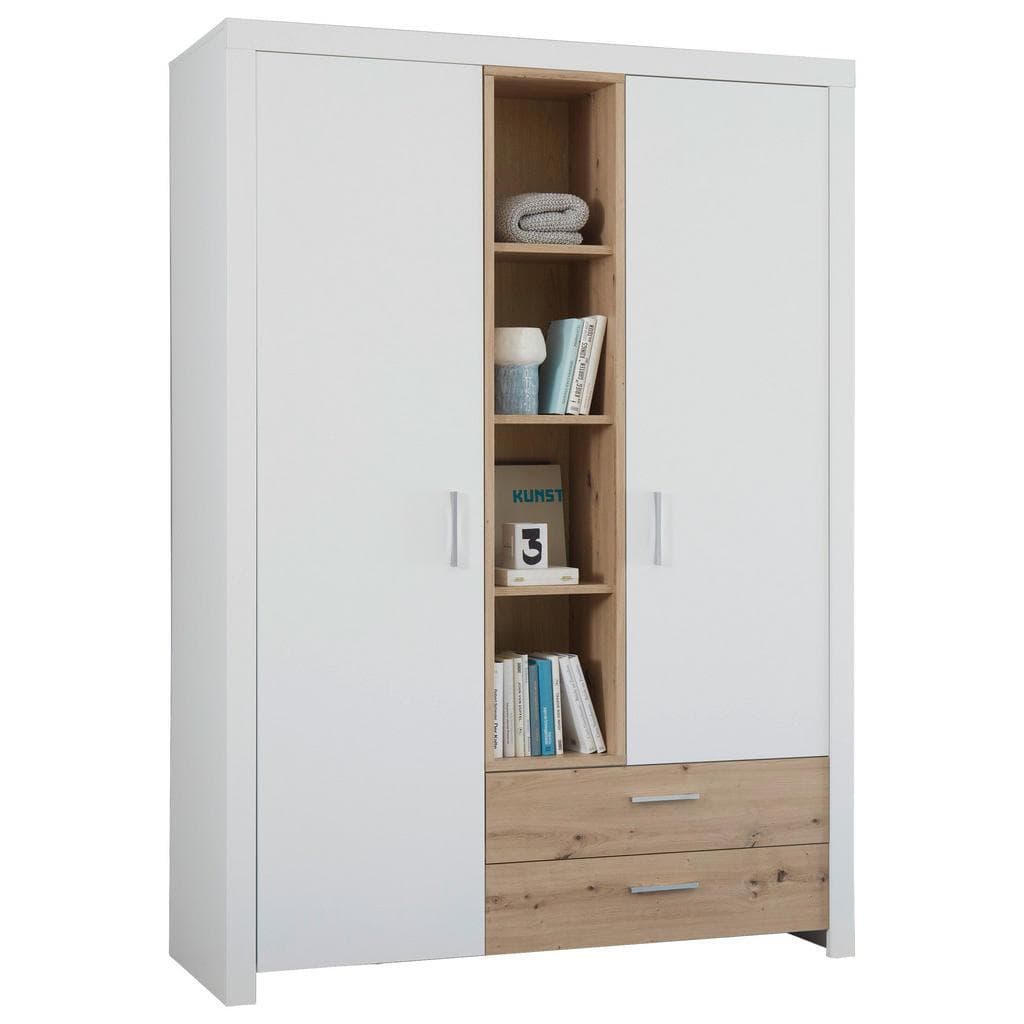 Xora Drehtürenschrank Weiß Eiche Artisan Holzwerkstoff 4 Fächer 2 Schubladen
