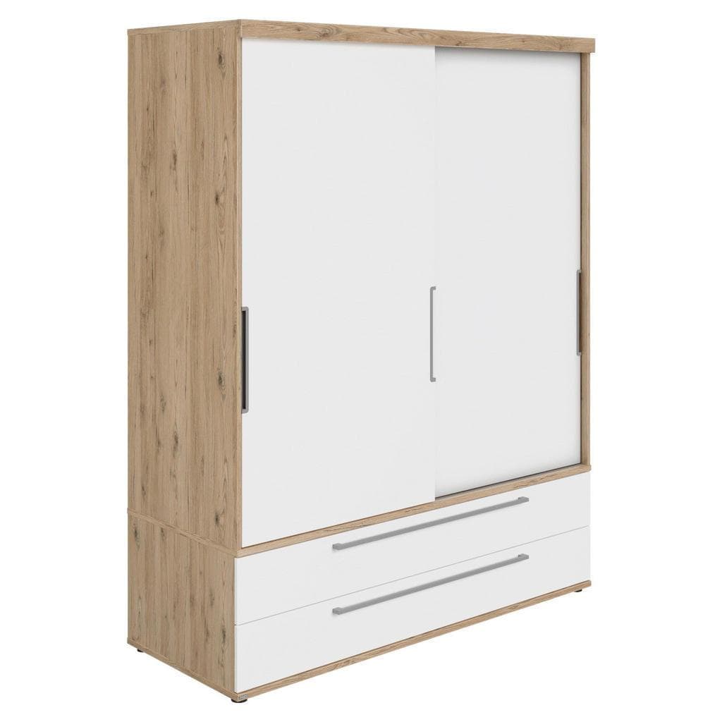 Paidi Schiebetürenschrank Weiß Eiche Metall 7 Fächer 2 Schubladen