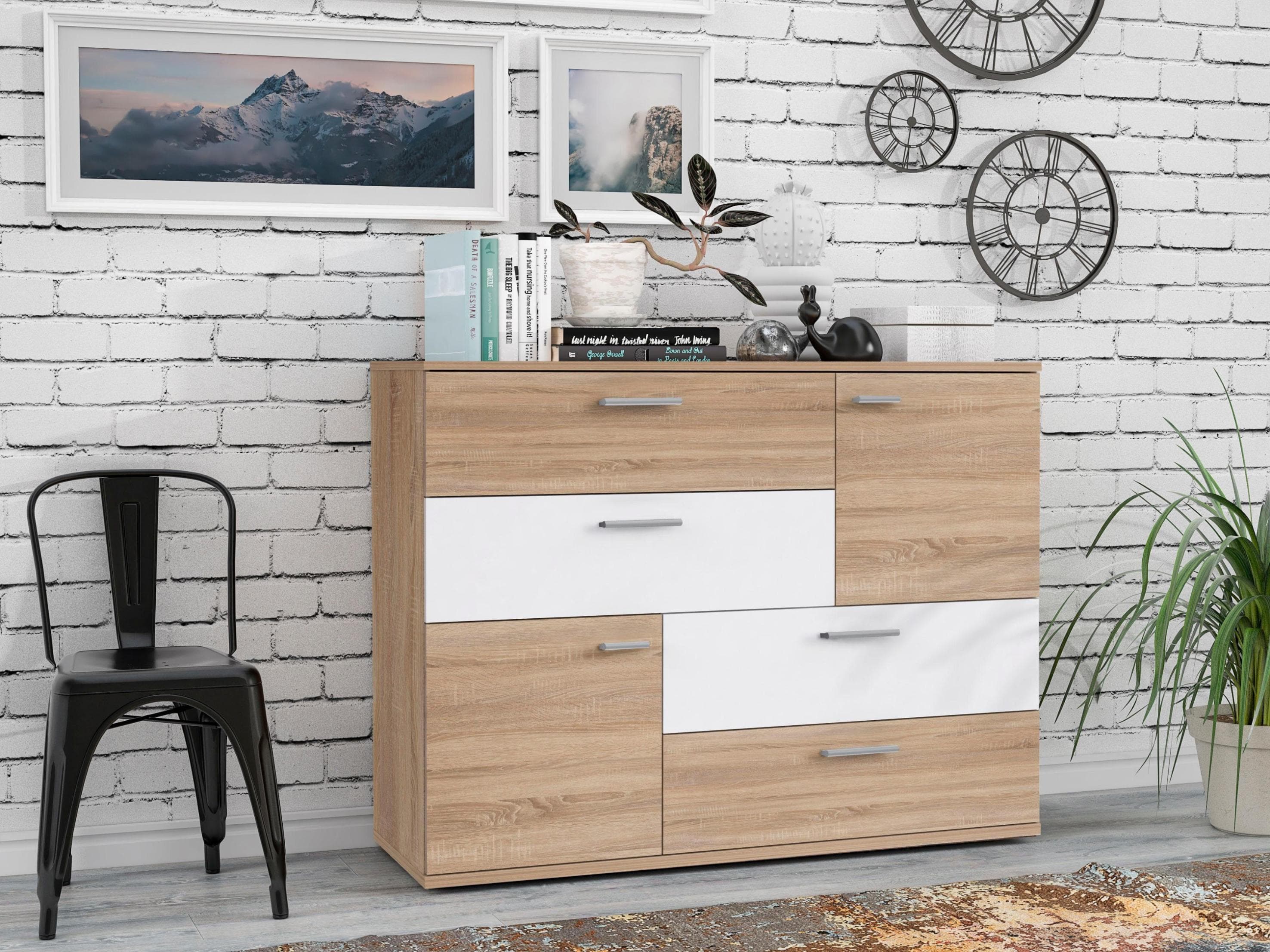 FORTE Kommode Skive 4 Schubladen 2 Türen Weiß Sonoma Eiche Modern