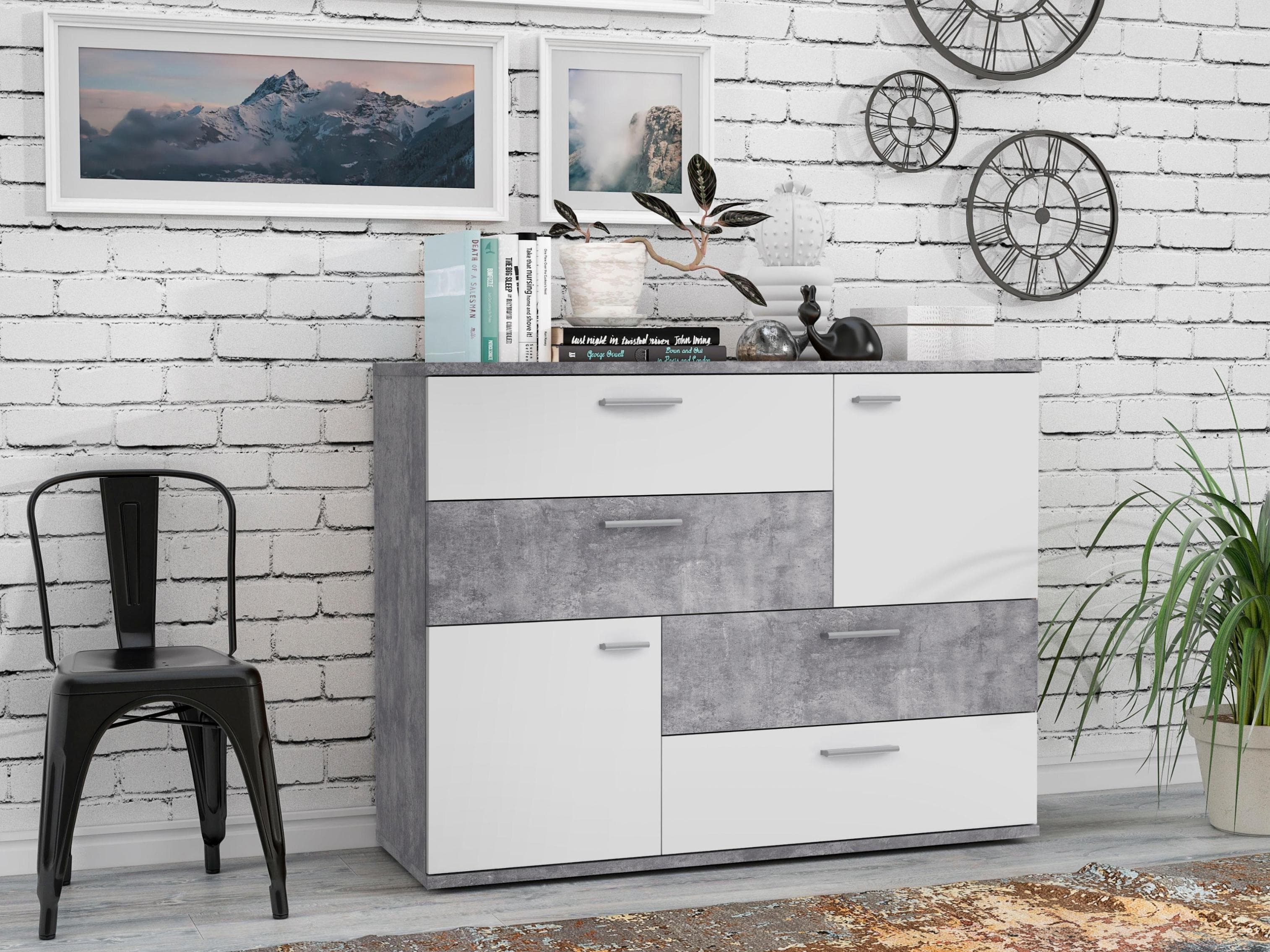 Kommode FORTE Skive Weiß Betonoptik 4 Schubladen 2 Türen