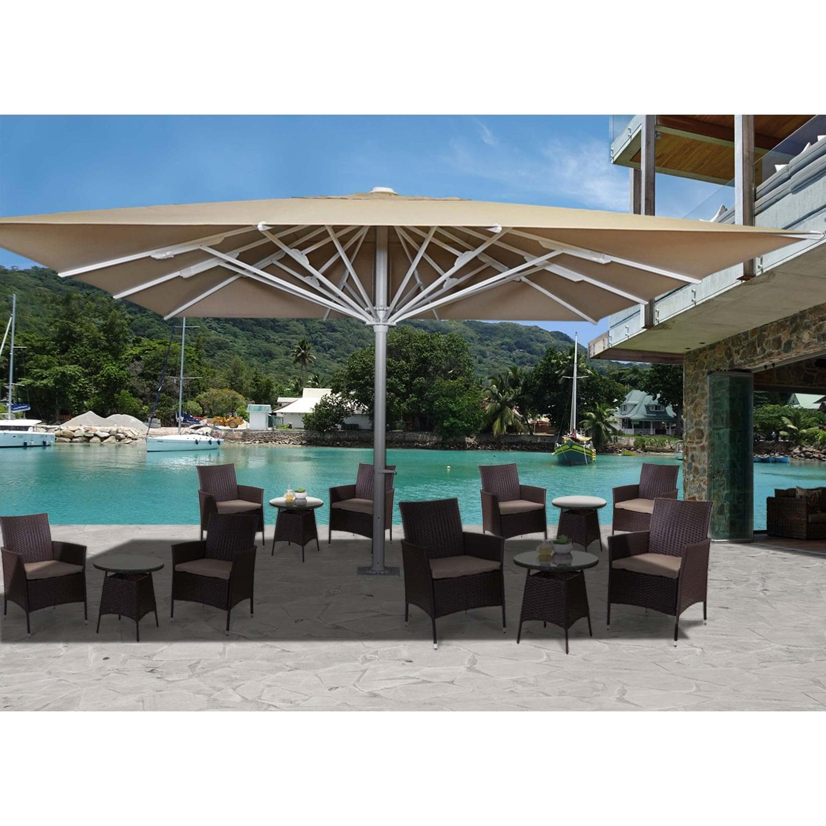 Gastronomie-Luxus-Sonnenschirm MCW-D20b XXL-Schirm Marktschirm 5x5m Polyester/Alu 87kg Beige