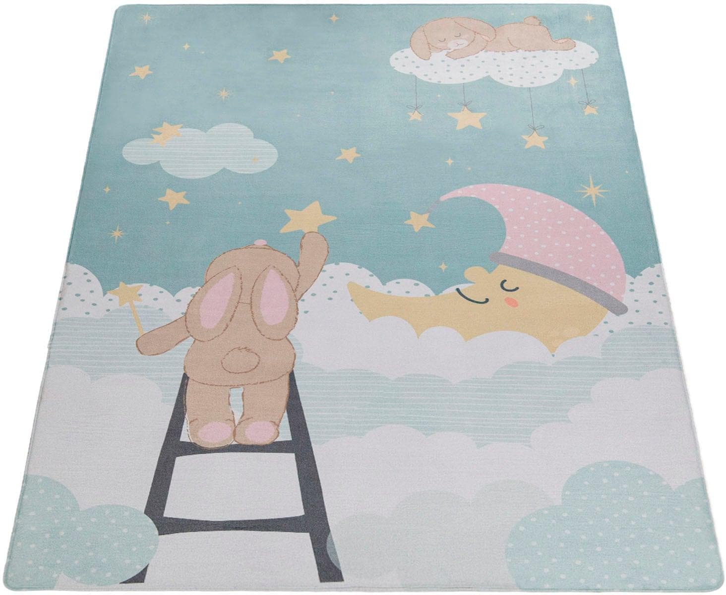 Kinderteppich Motiv Mond, Blau/Türkis, 80x150 cm