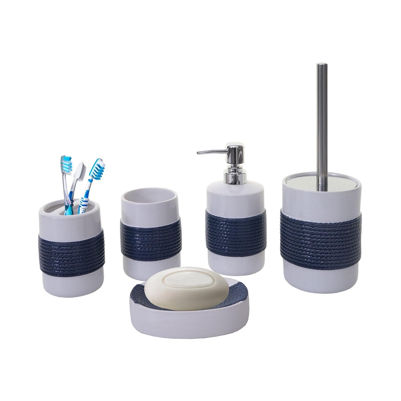 5-teiliges Badset MCW-C73 WC-Garnitur Keramik Blau/Weiß