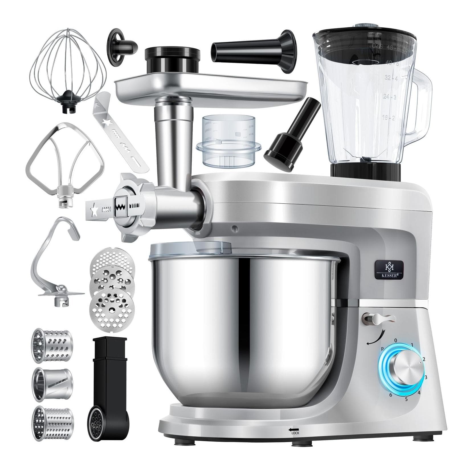 KESSER® 3 in 1 Universal Küchenmaschine K-KM 3000 mit Fleischwolf, Knetmaschine, 5,5L Schüssel, 1,5L Entsafter, Wurst Set, Pasta & Plätzchenformen