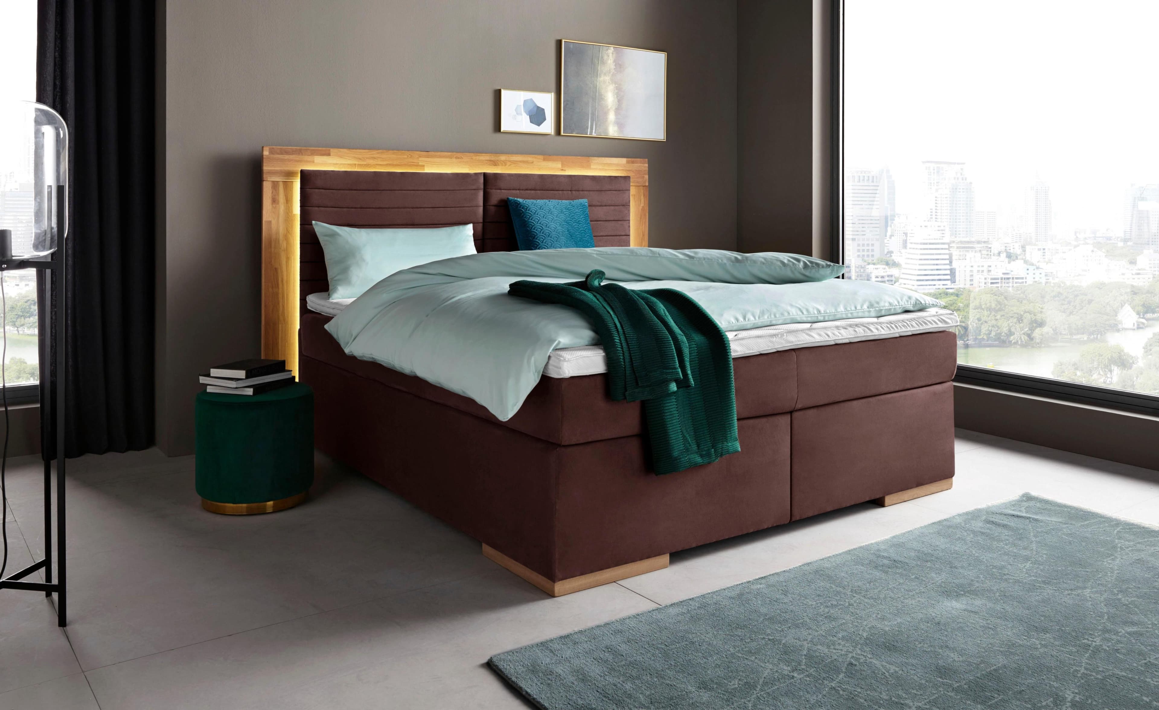 HOME AFFAIRE Boxspringbett Cup Braun mit LED-Beleuchtung und Massivholz