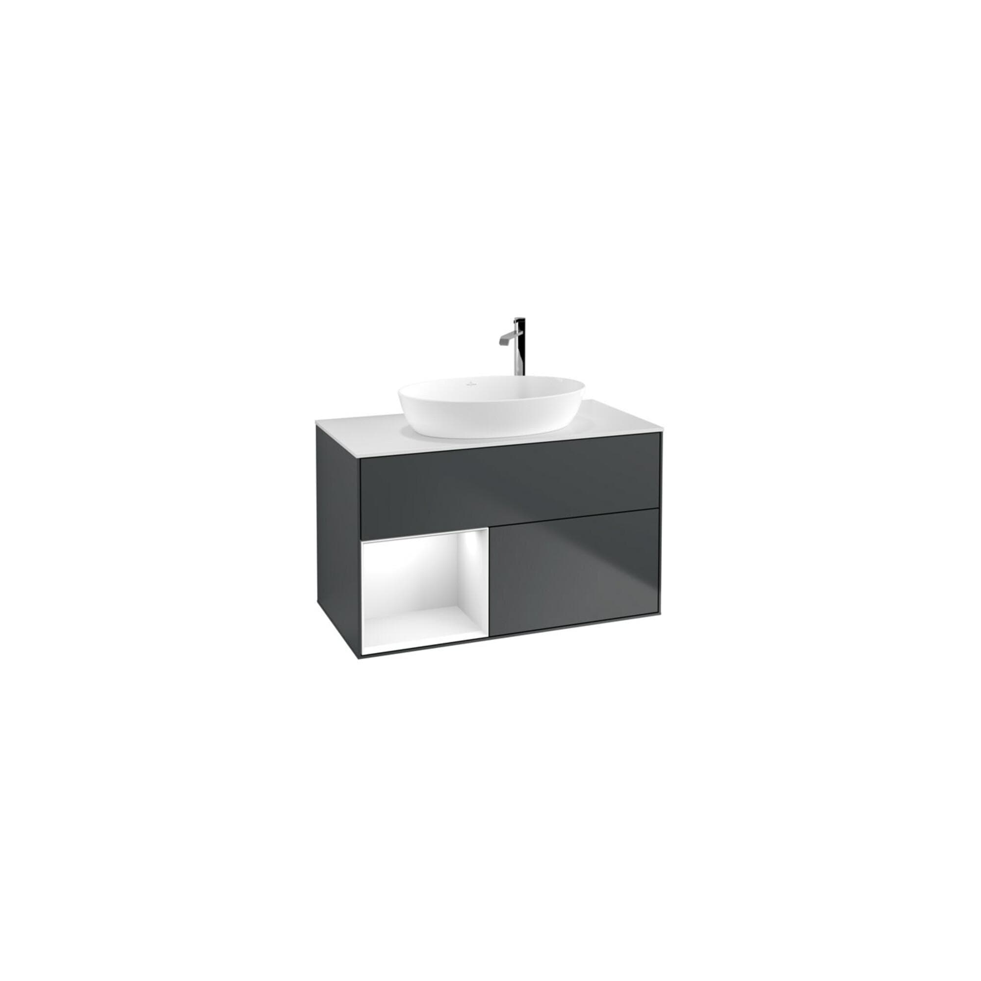 Villeroy und Boch Finion Waschtischunterschrank 100cm Abdeckplatte White Matt Regale Glossy White Lack