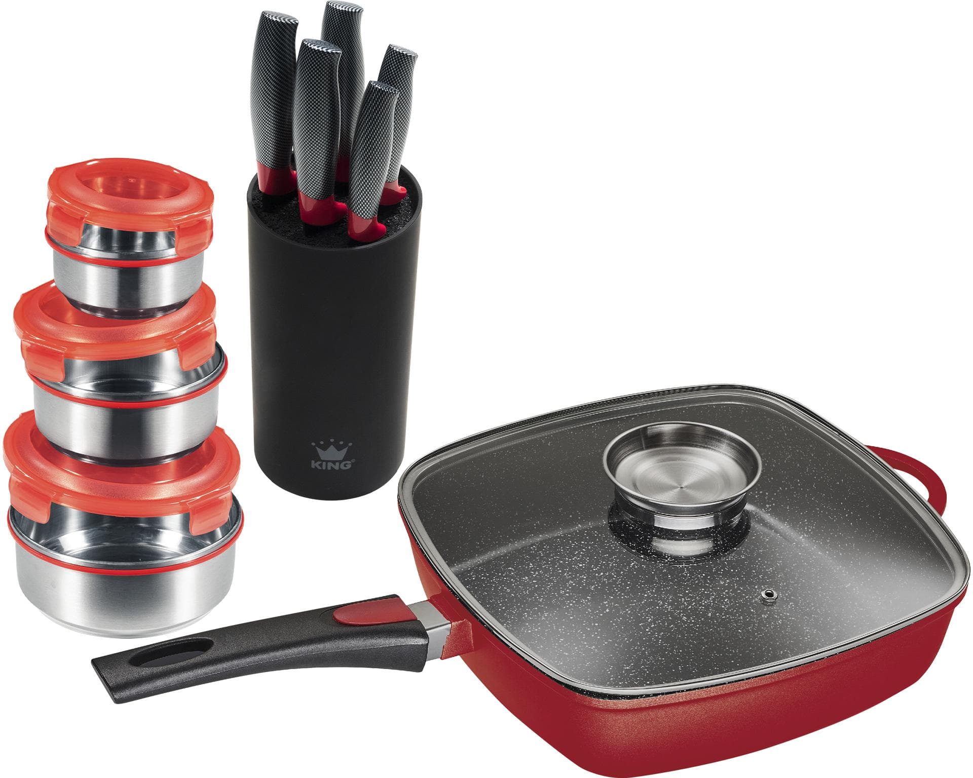 King Pfannen-Set Square Rot Eckpfanne mit Messerblock und Vorratsdosen
