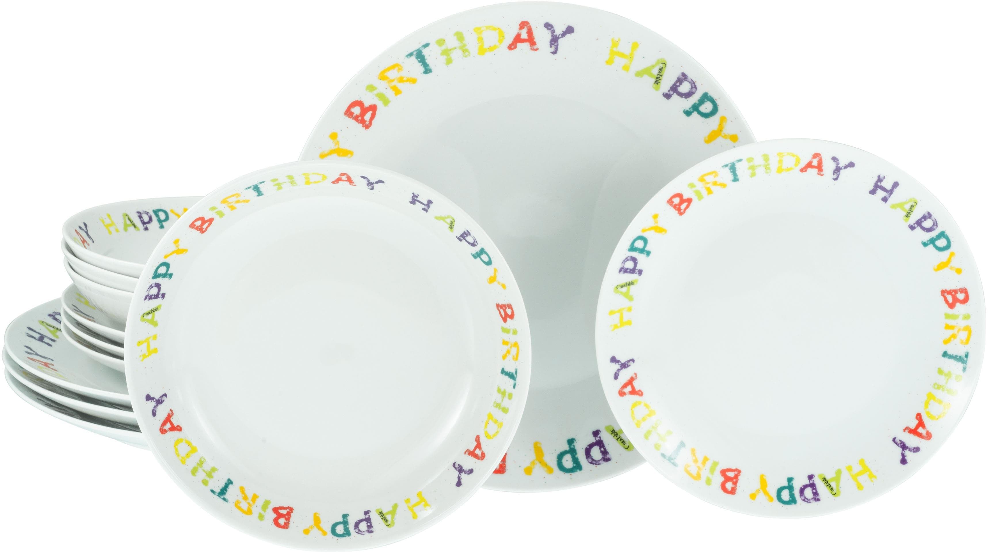 Teller-Set CREATABLE Happy Birthday 12-tlg. Bunt Weiß Porzellan
