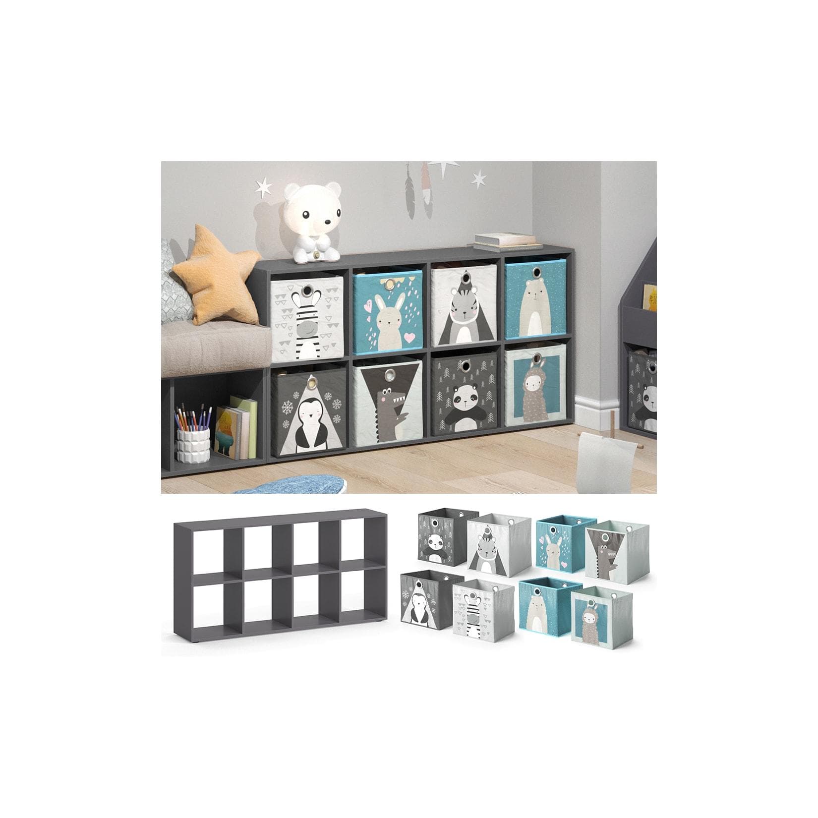Graues Bücherregal mit 8 Faltboxen