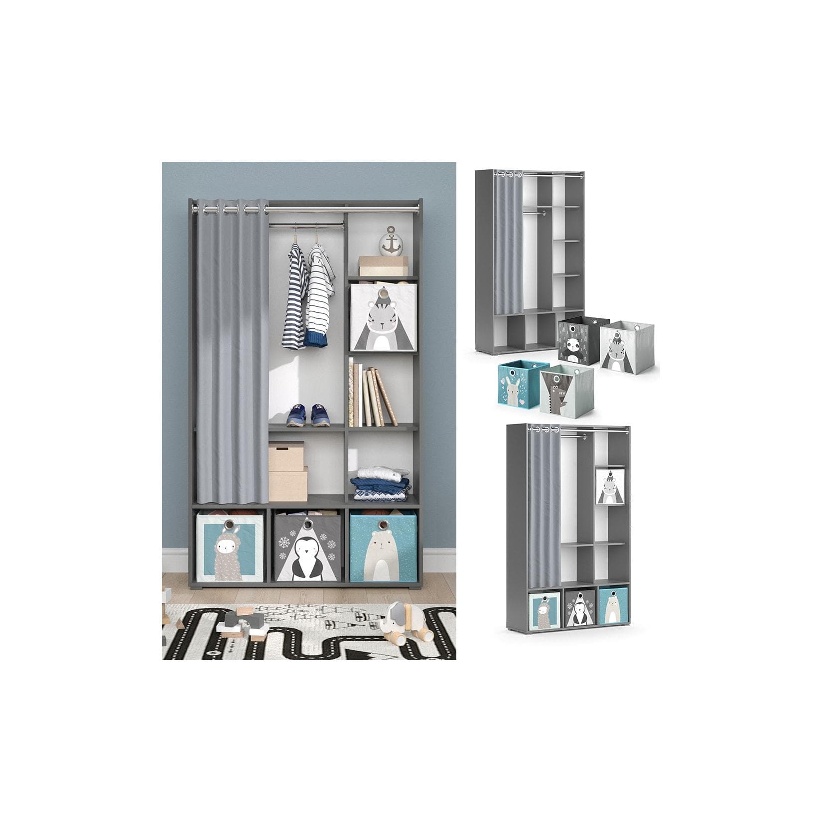 Vicco Luigi Kinderkleiderschrank Grau mit Faltboxen