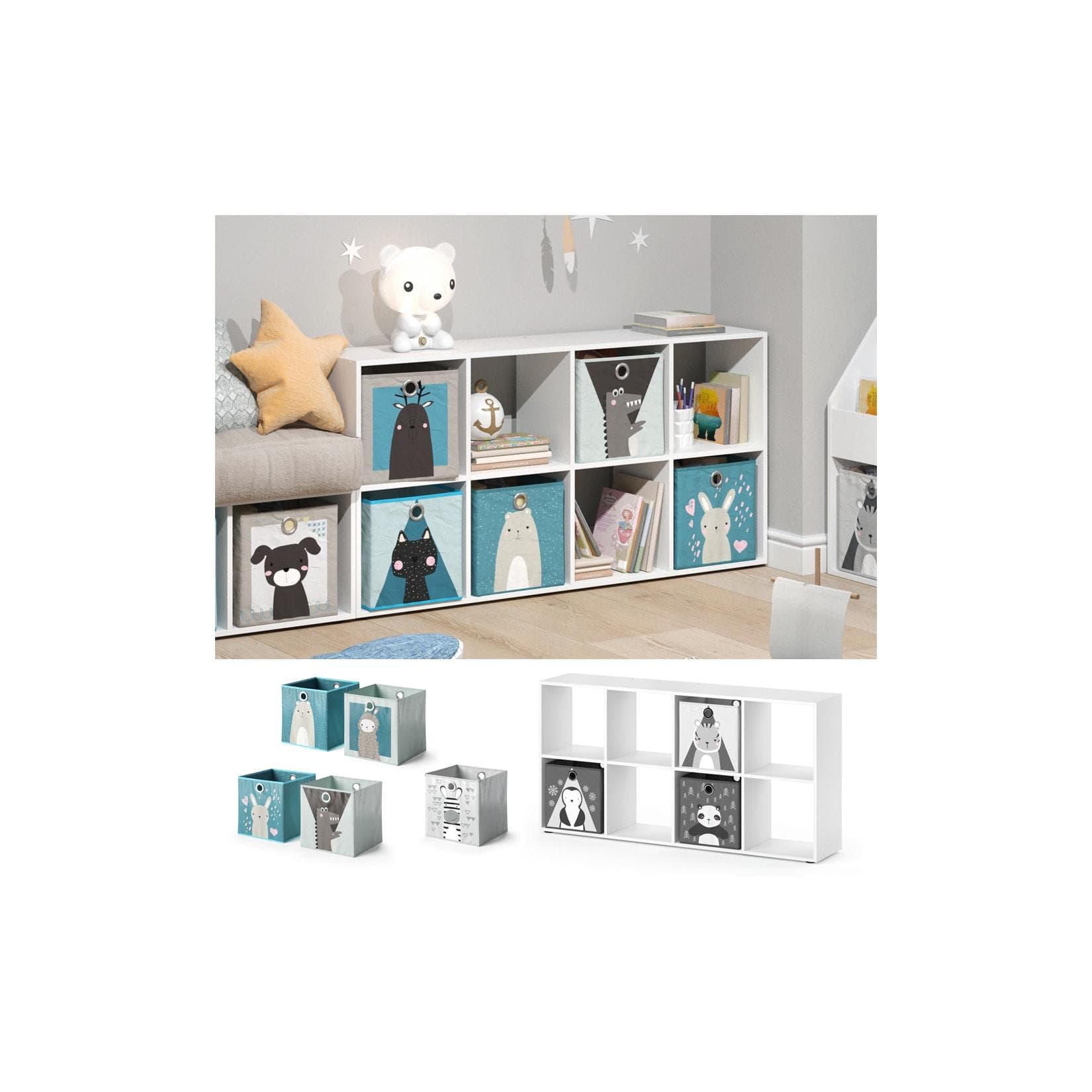 Weißes Bücherregal mit 8 Faltboxen