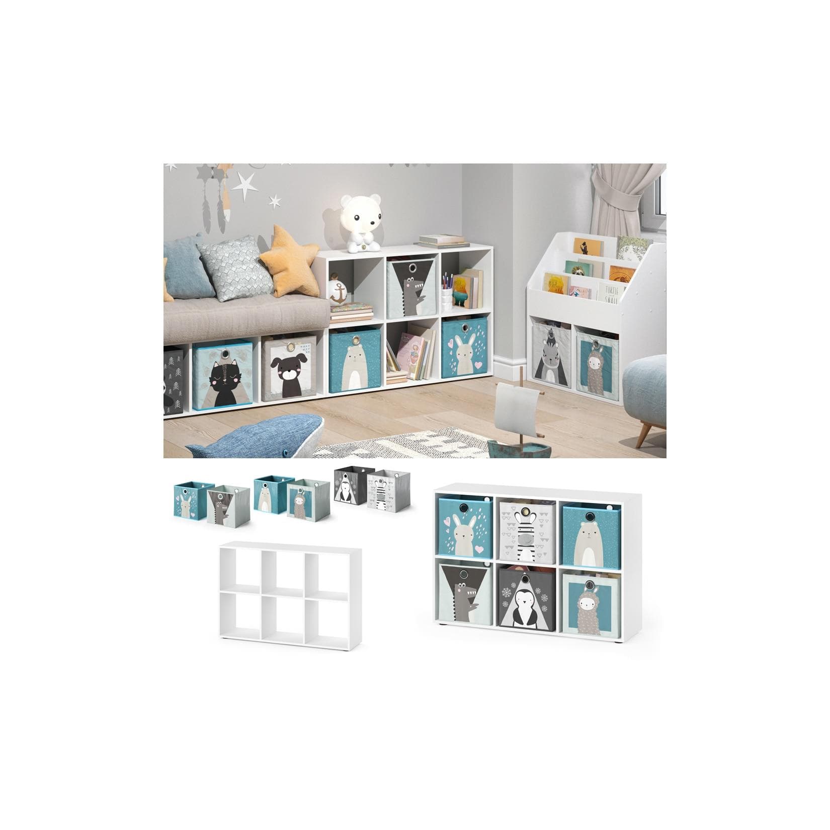 Vicco Kinderregal 6 Fächer Weiß mit Faltboxen Aufbewahrungsregal