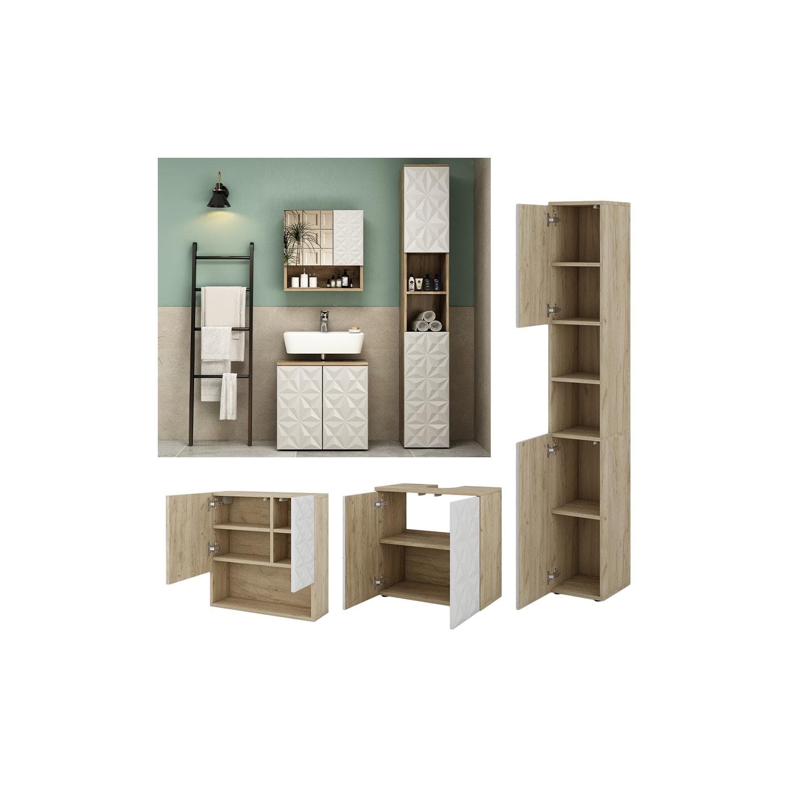 Vicco Badmöbel-Set Edge Eiche Weiß Modern Badezimmerschrank