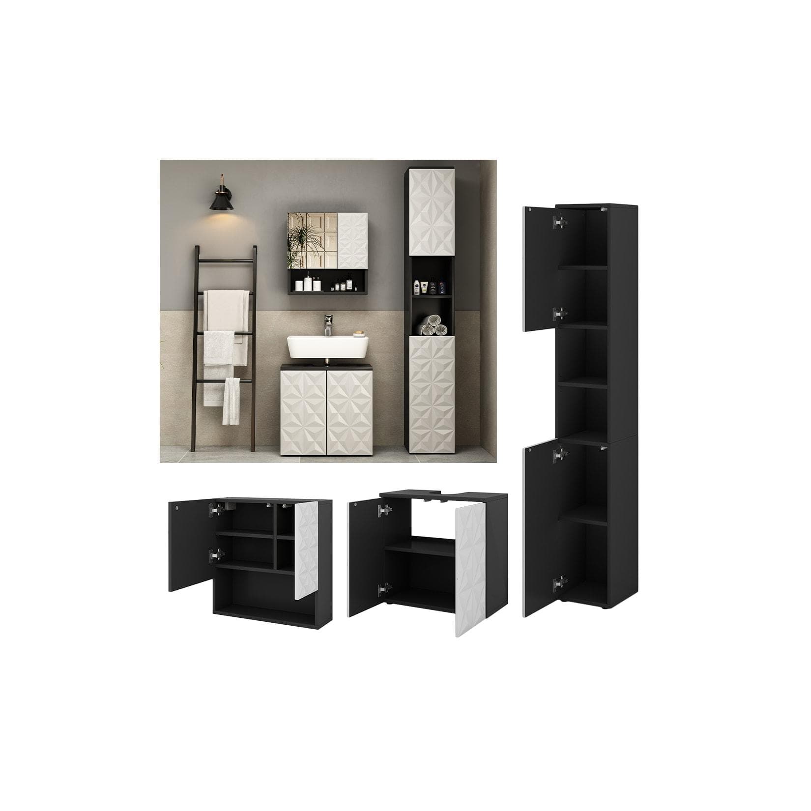 Vicco Badmöbel-Set Edge Schwarz Weiß Modern Hochschrank Spiegelschrank