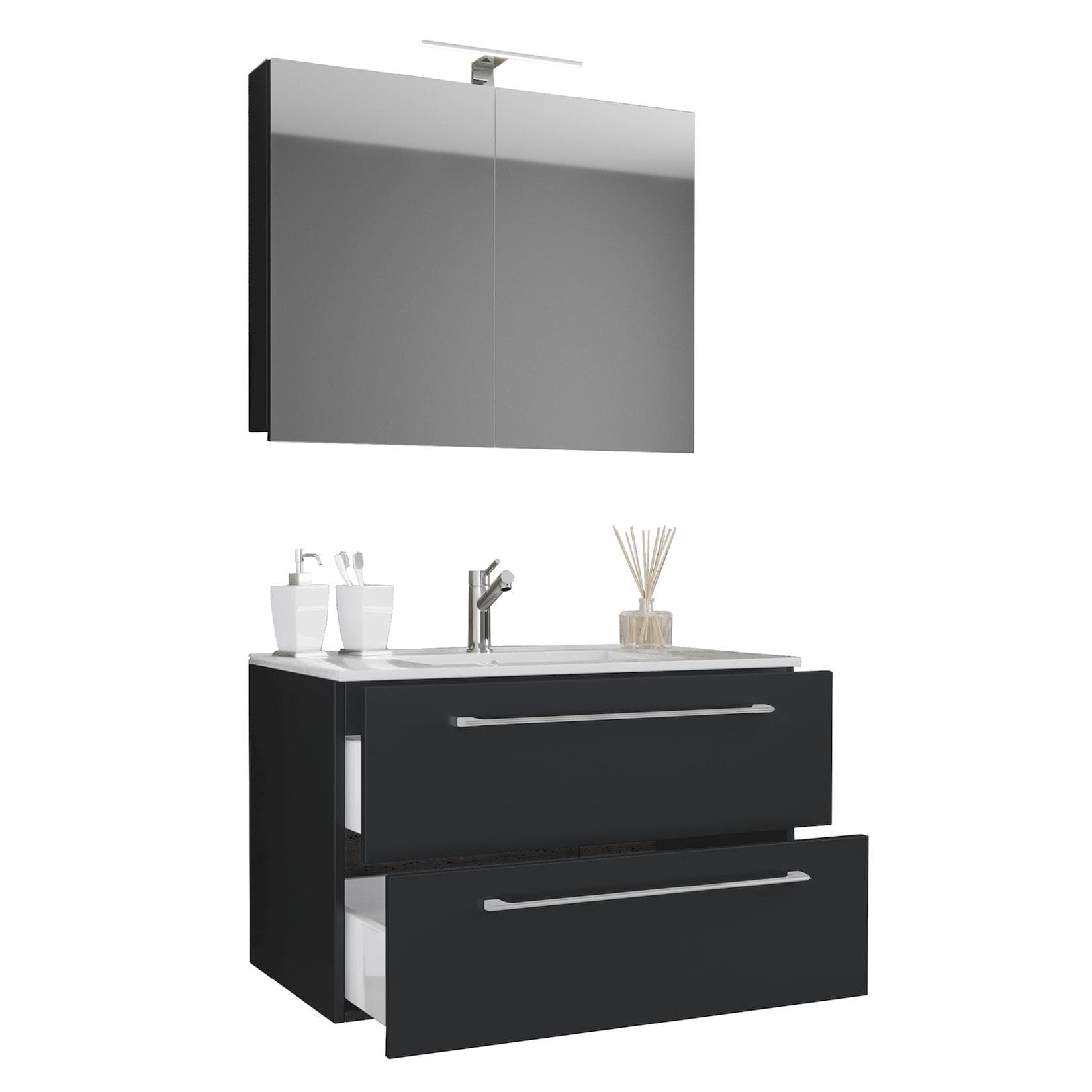 VCM Badmöbel-Set Badinos 3-tlg. Schwarz mit Unterschrank und Spiegelschrank