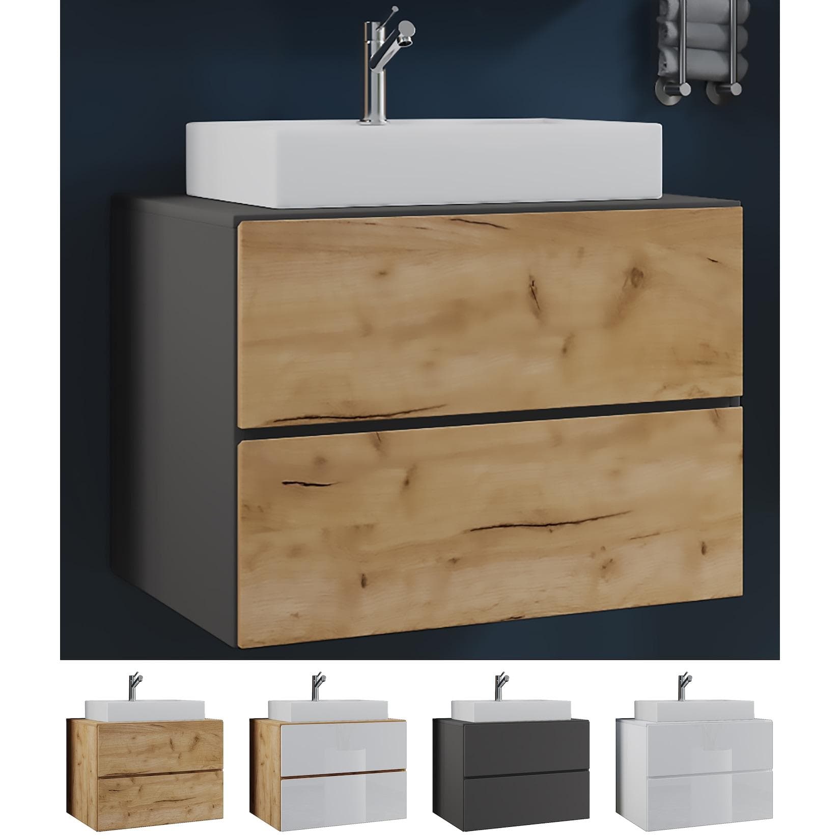 VCM 2-tlg. Waschplatz Waschtisch Waschbecken Unterschrank Breite 60 cm Badmöbel Set mit Schubladen Lendas