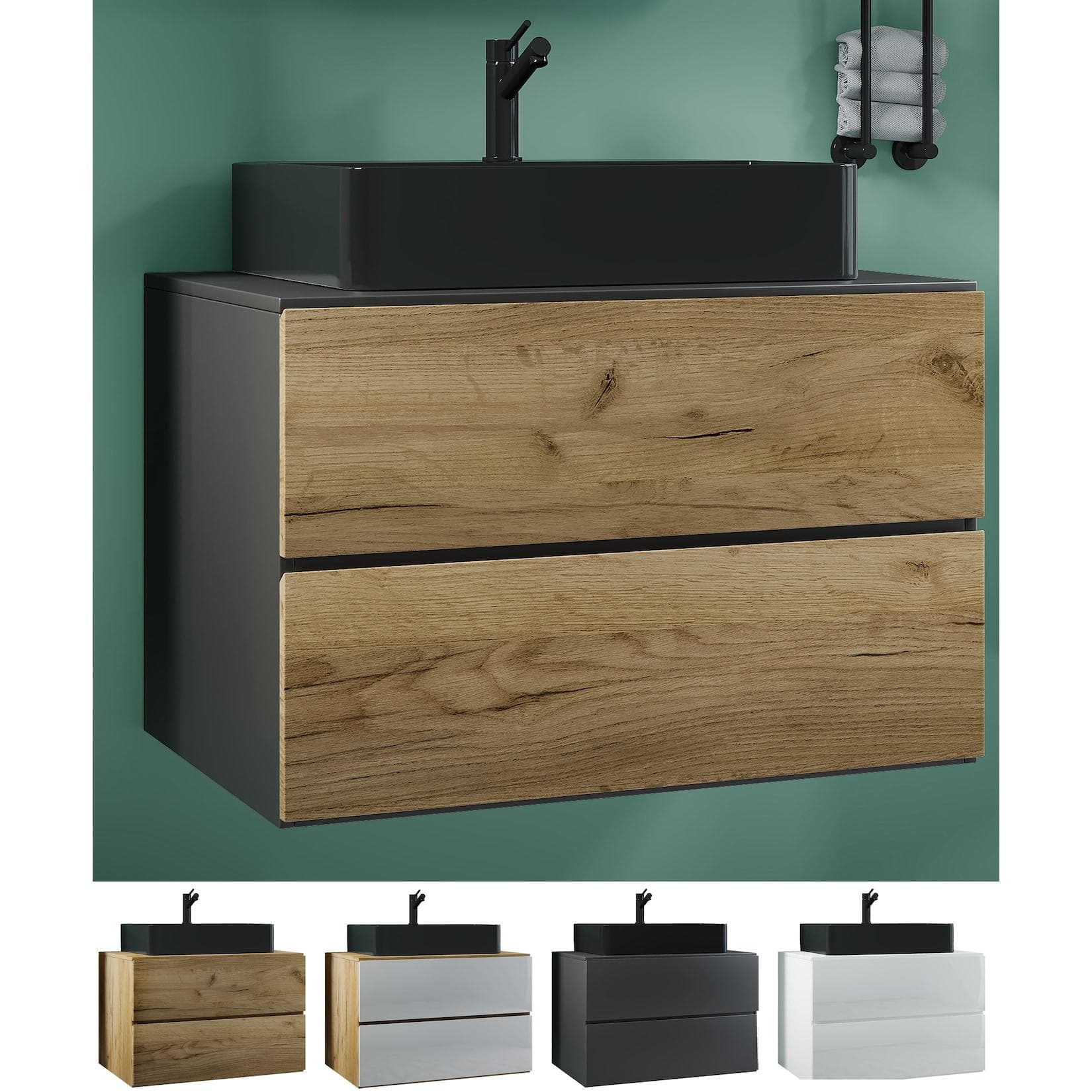 VCM Waschplatz Waschtisch Set mit schwarzem Waschbecken und Unterschrank