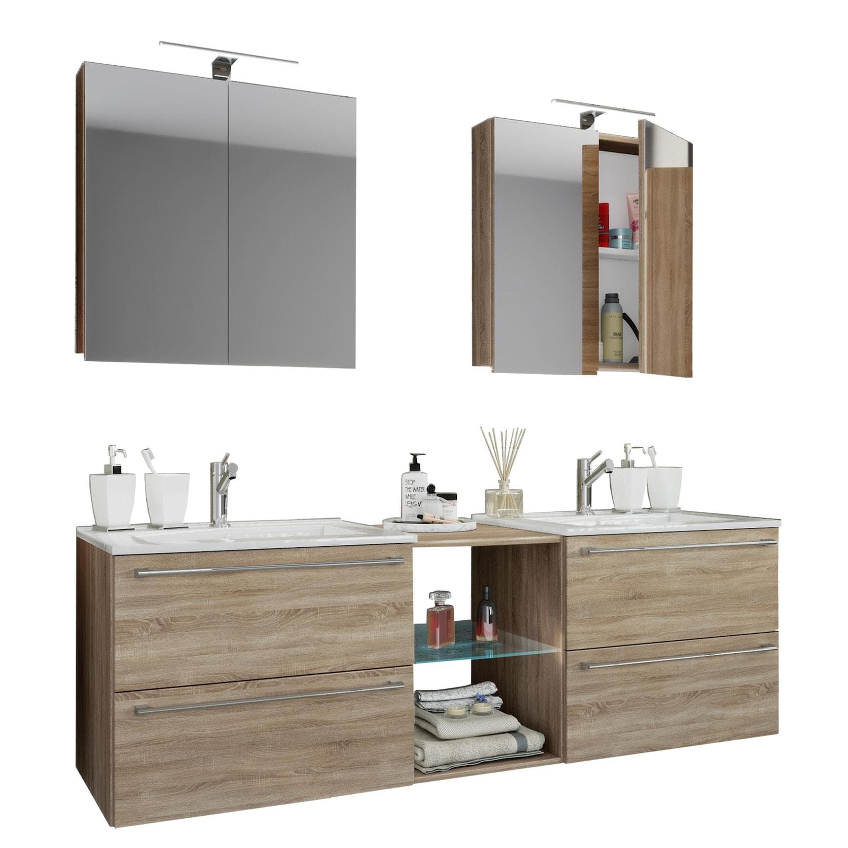 VCM 3-tlg. Set 2 Waschtisch, 2 Spiegelschrank, 2 Waschbecken, 1 Mittelfach Keramik Waschbecken Unterschrank 155 cm Badmöbel Set Doppel Waschplatz - Badinos XXL