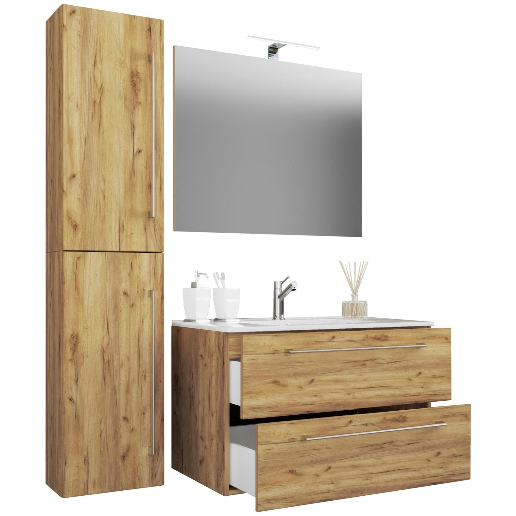 VCM 4-tlg. Waschplatz Waschtisch Waschbecken Unterschrank 60 cm Badmöbel Set mit Schubladen Drehtüren Spiegel Badinos