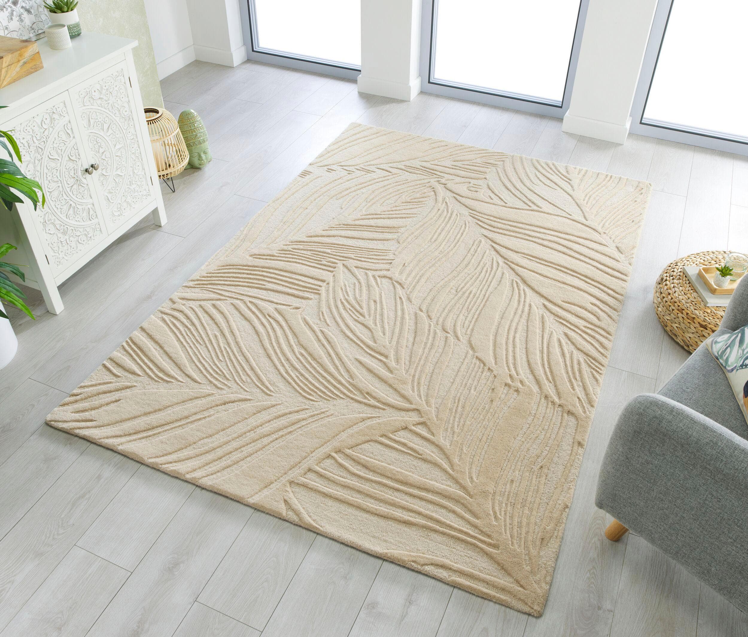Wollteppich FLAIR RUGS LINO LEAF Beige Natur Hoch-Tief Effekt