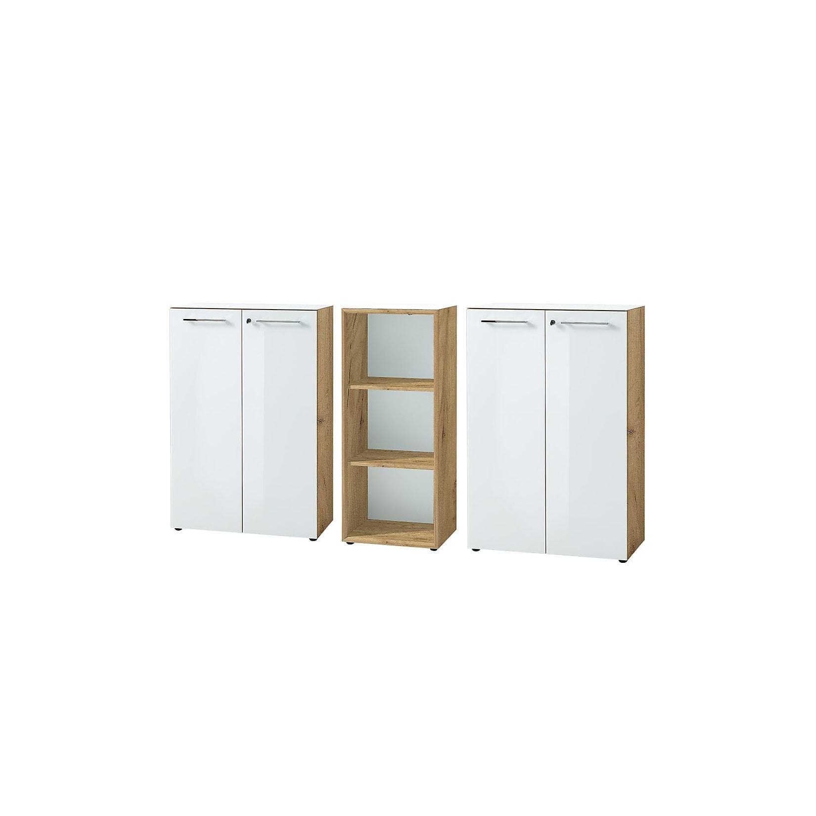 Kadima Design Aktenschrank Set 3-teilig Weiß Chalet-Eiche Glasfront