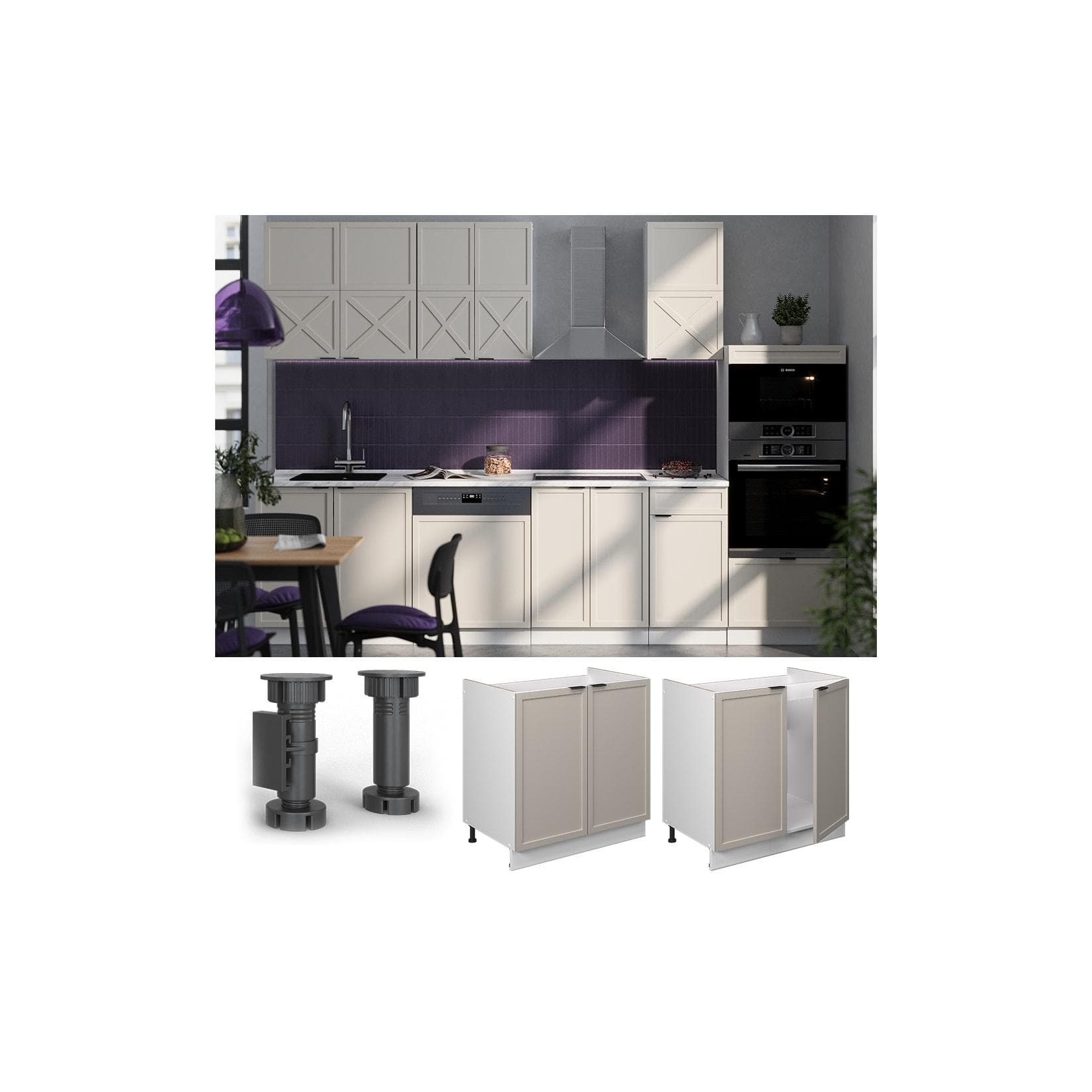 Vicco Spülenunterschrank Fame-Line 80 cm Weiß Grau-Beige mit Arbeitsplatte Eiche