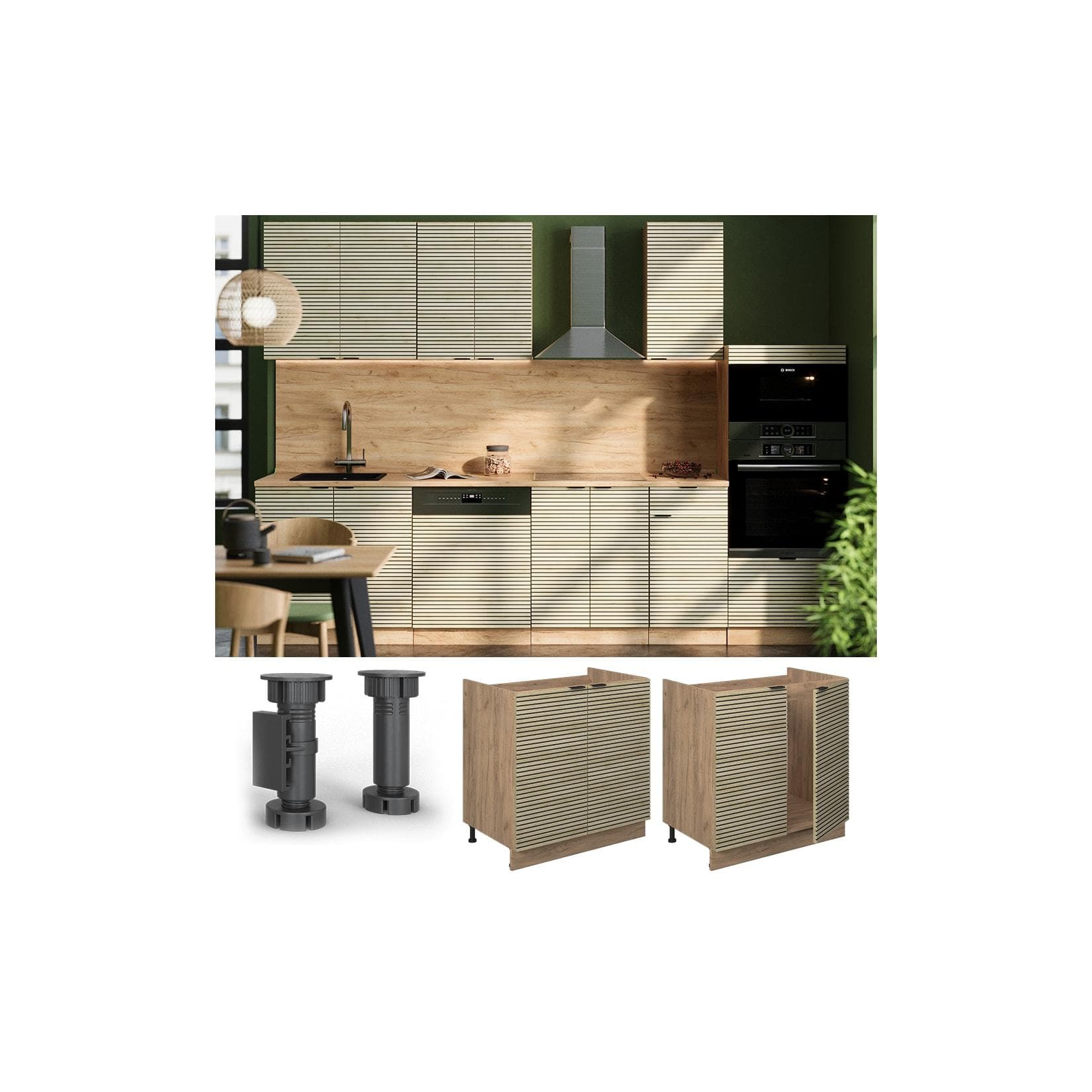 Vicco Spülenunterschrank Fame-Line: Eiche Paneel/Goldkraft Eiche mit Marmor-Arbeitsplatte