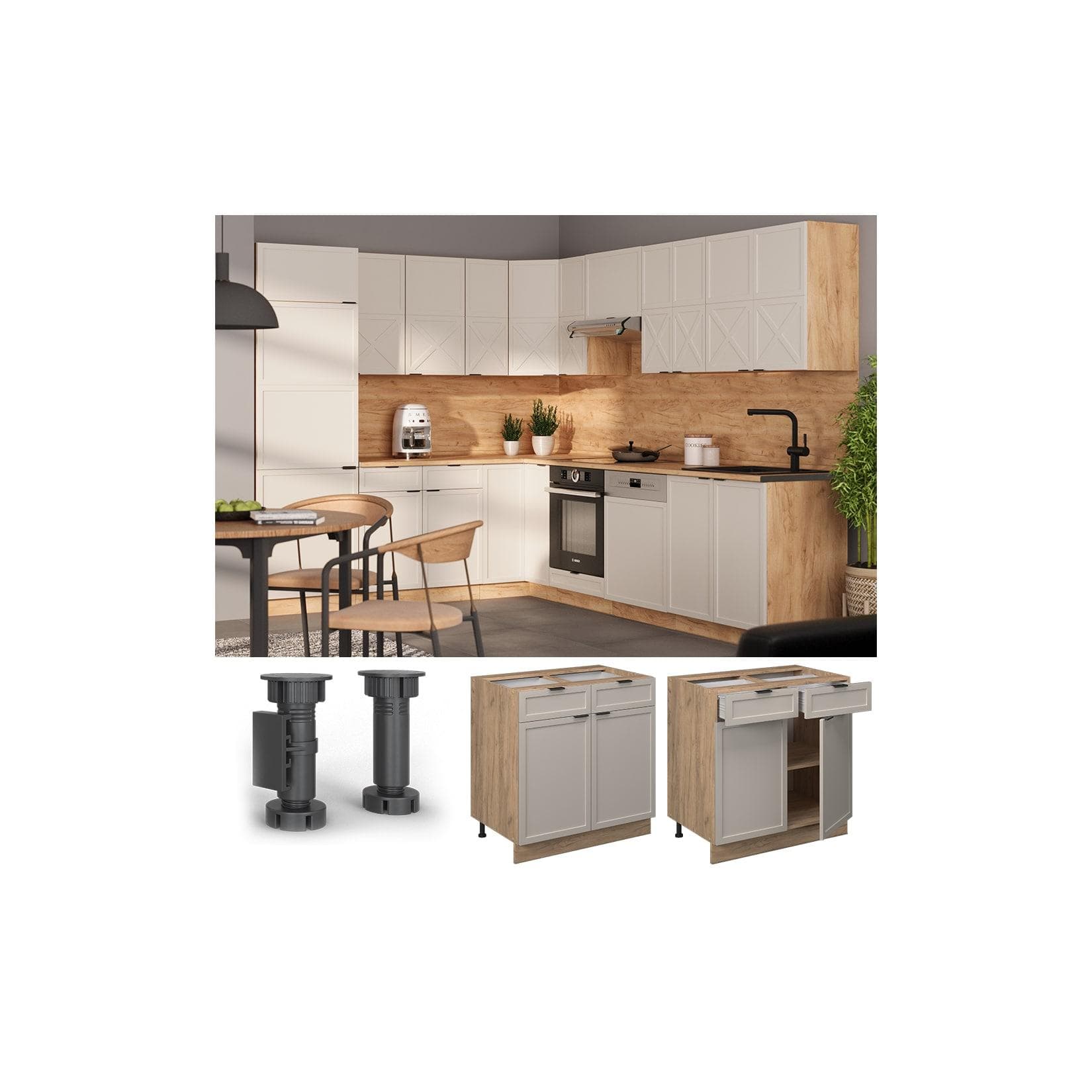 Vicco Schubunterschrank Fame-Line Eiche Grau-Beige 80 cm mit Marmor-Arbeitsplatte
