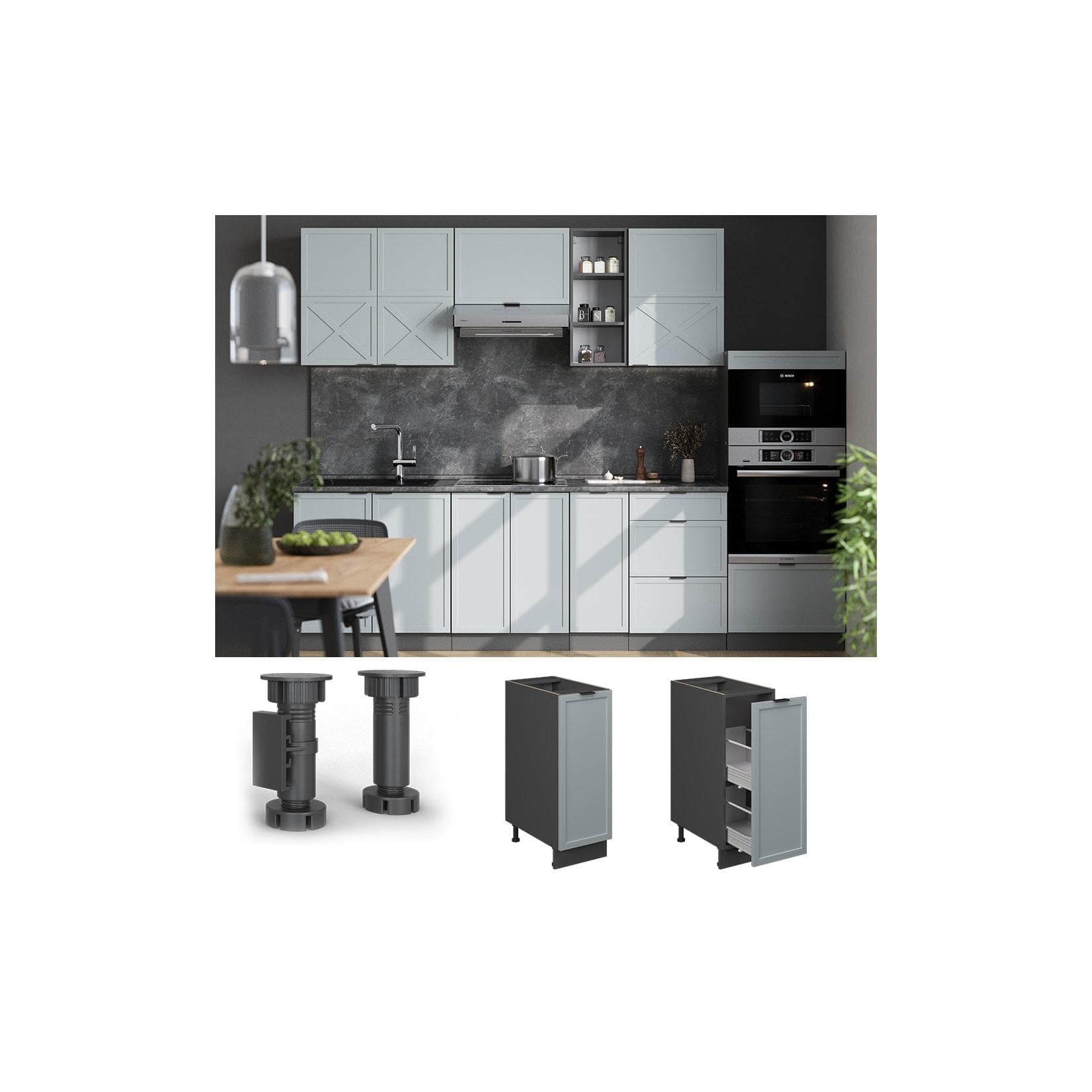 Vicco Apothekerunterschrank Fame-Line Anthrazit Hellblau-Grau gerahmt 30 cm mit Arbeitsplatte Marmor-Weiß