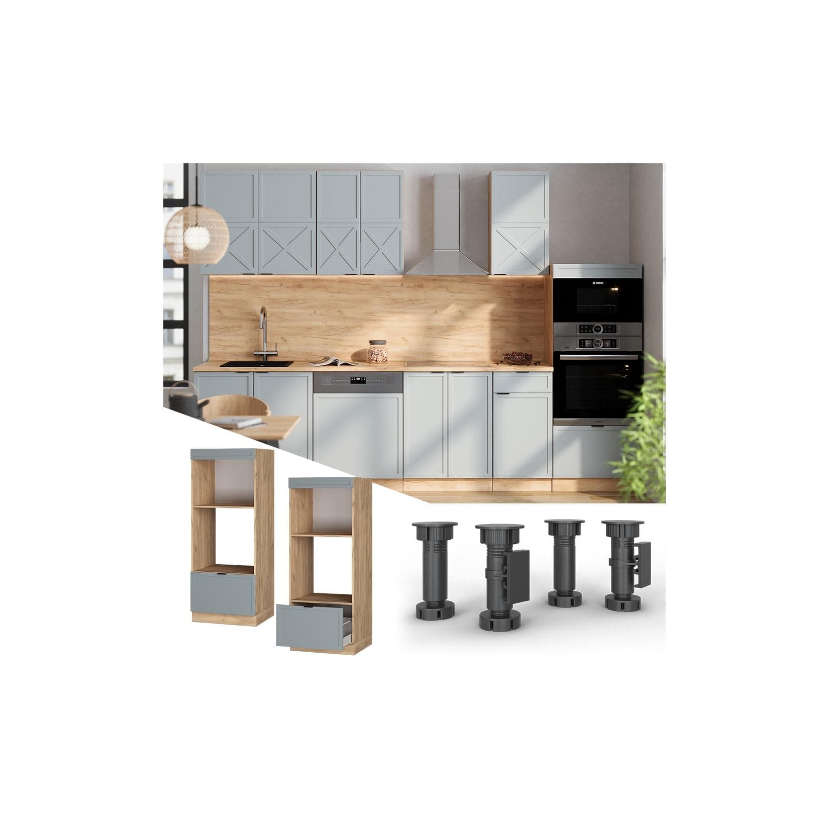 Vicco Mikrowellenschrank Fame-Line Eiche Hellblau-Grau 60 cm mit Schublade