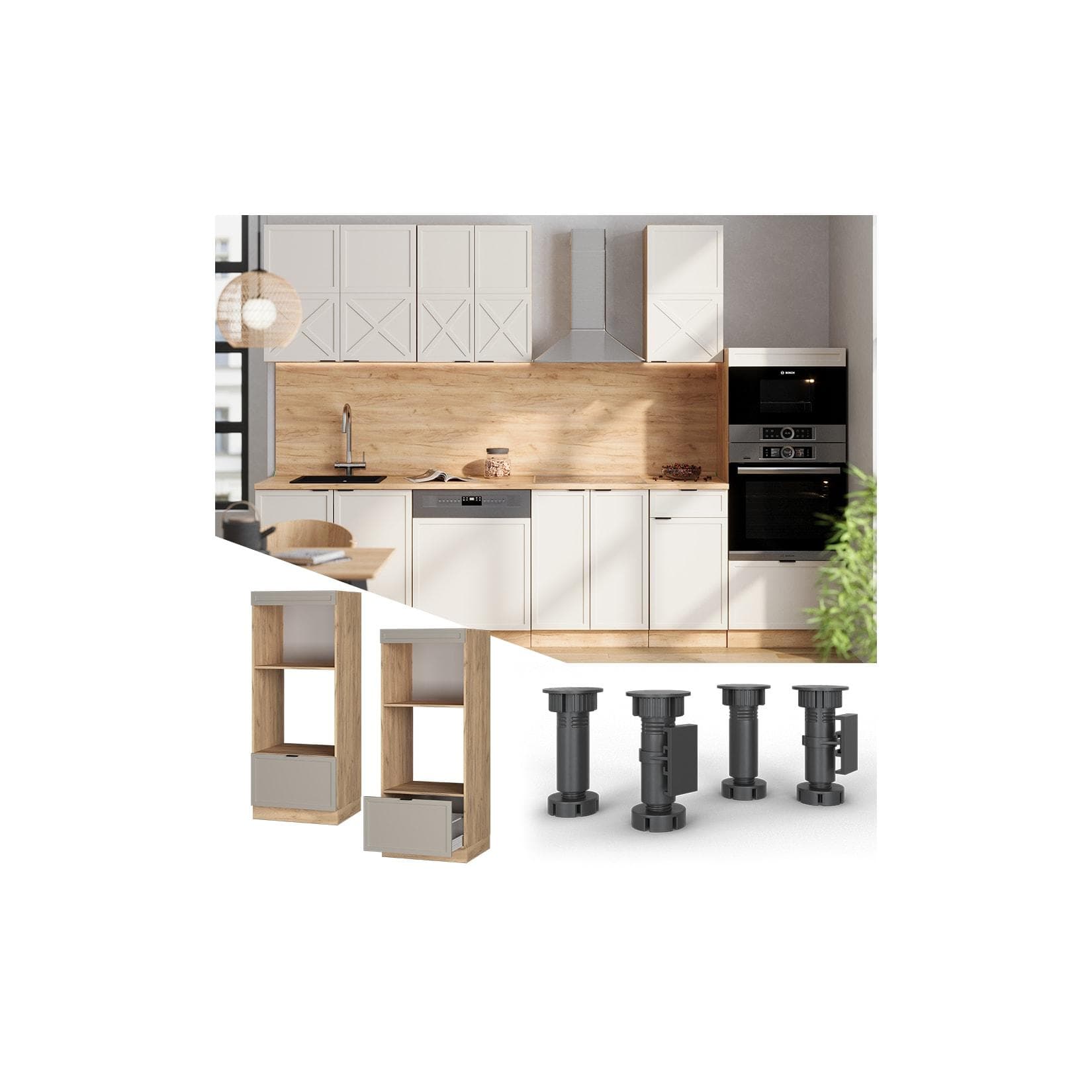 Vicco Mikrowellenschrank Fame-Line Eiche Grau-Beige 60 cm mit Schublade
